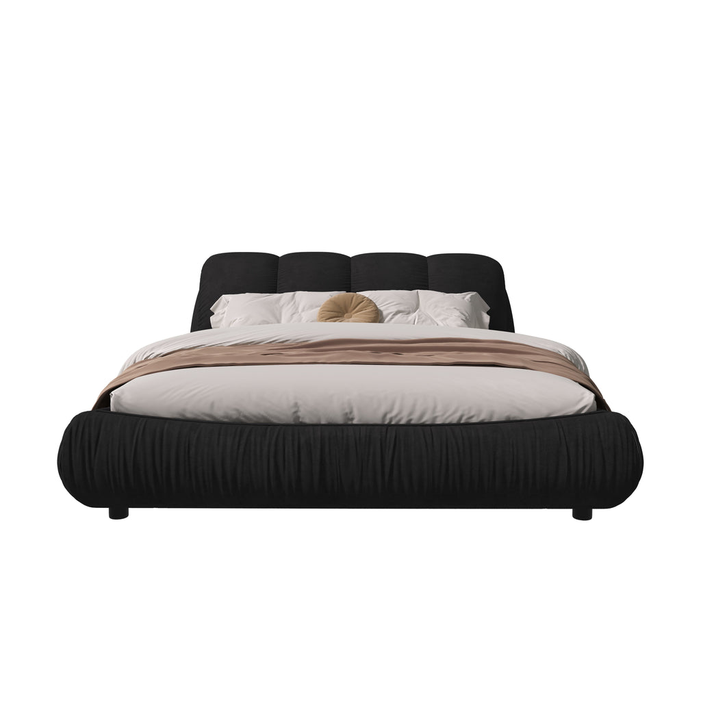 Queen Size Upholstered Bed with Oversized Padded Backrest, Solid Wood Frame, Adjustable Mattress Heights, 96.5" L x 70" W x 43.5" H, Black