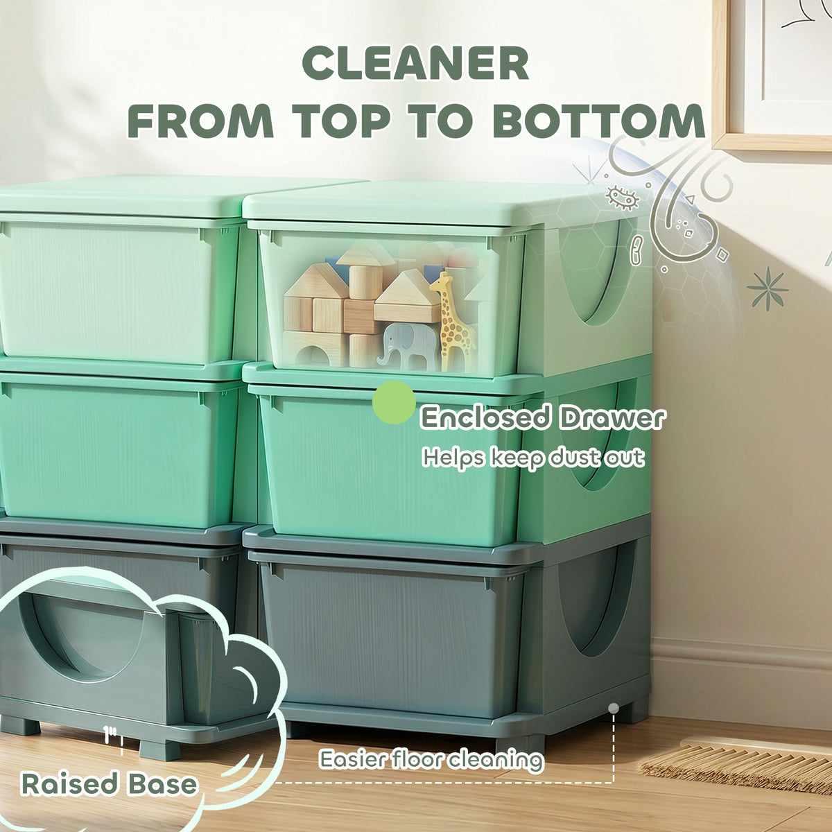 3 Tier Kids Storage Organizer with 6 Drawers for Bedroom, Nursery, Kindergarten, Living Room, Boys and Girls, Green