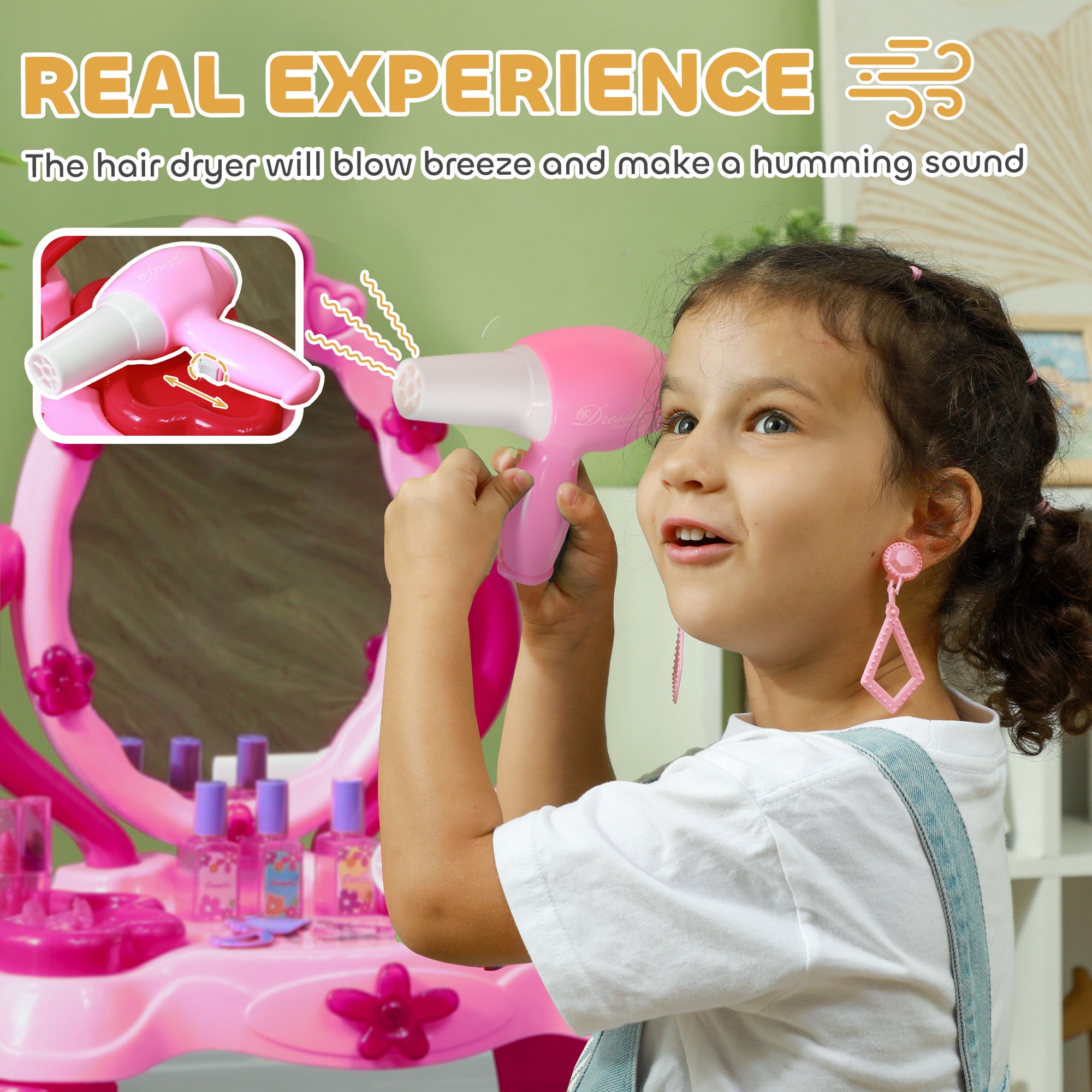 Kids Vanity Set with Mirror and Stool, Light and Sound, 15 Accessories, Pink