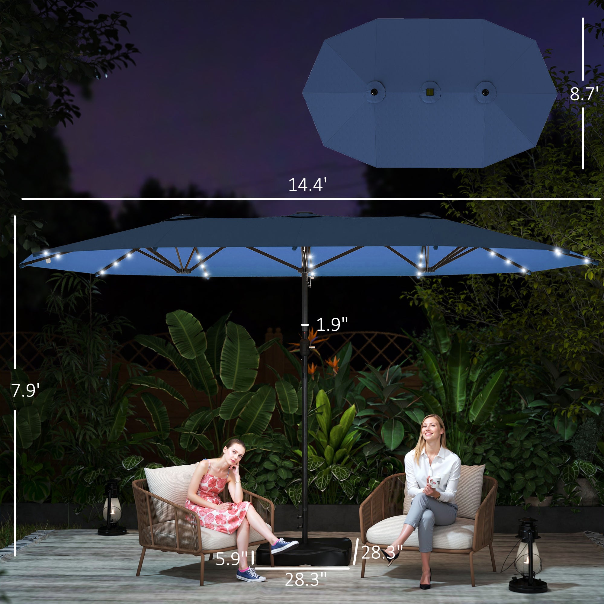 Garden Parasol 14.4ft Double-Sided Sun Umbrella with Base, Patio Parasol with LED Solar Lights, Navy Blue