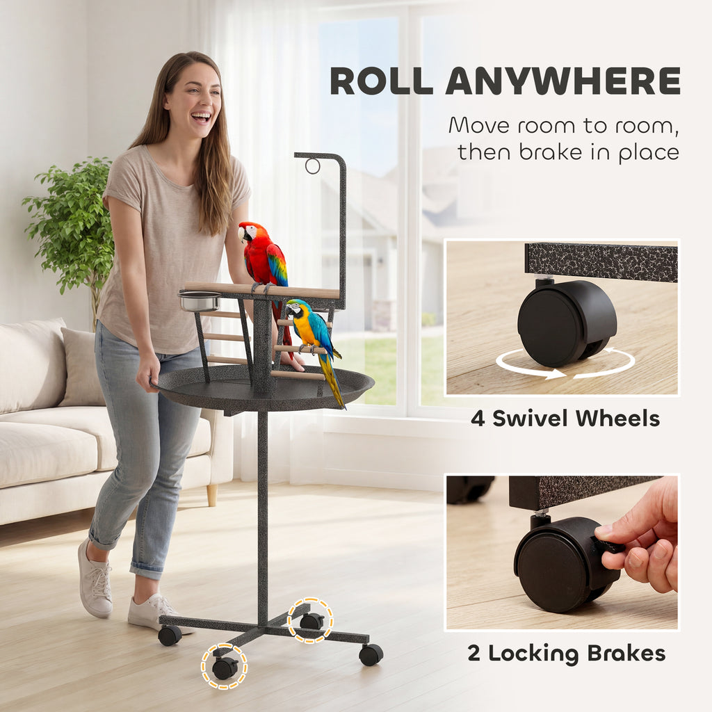 Bird Stand with Wheels Parrot Play Stand with Round Tray Stainless Steel Feed Bowls Indoor Outdoor Dark Gray