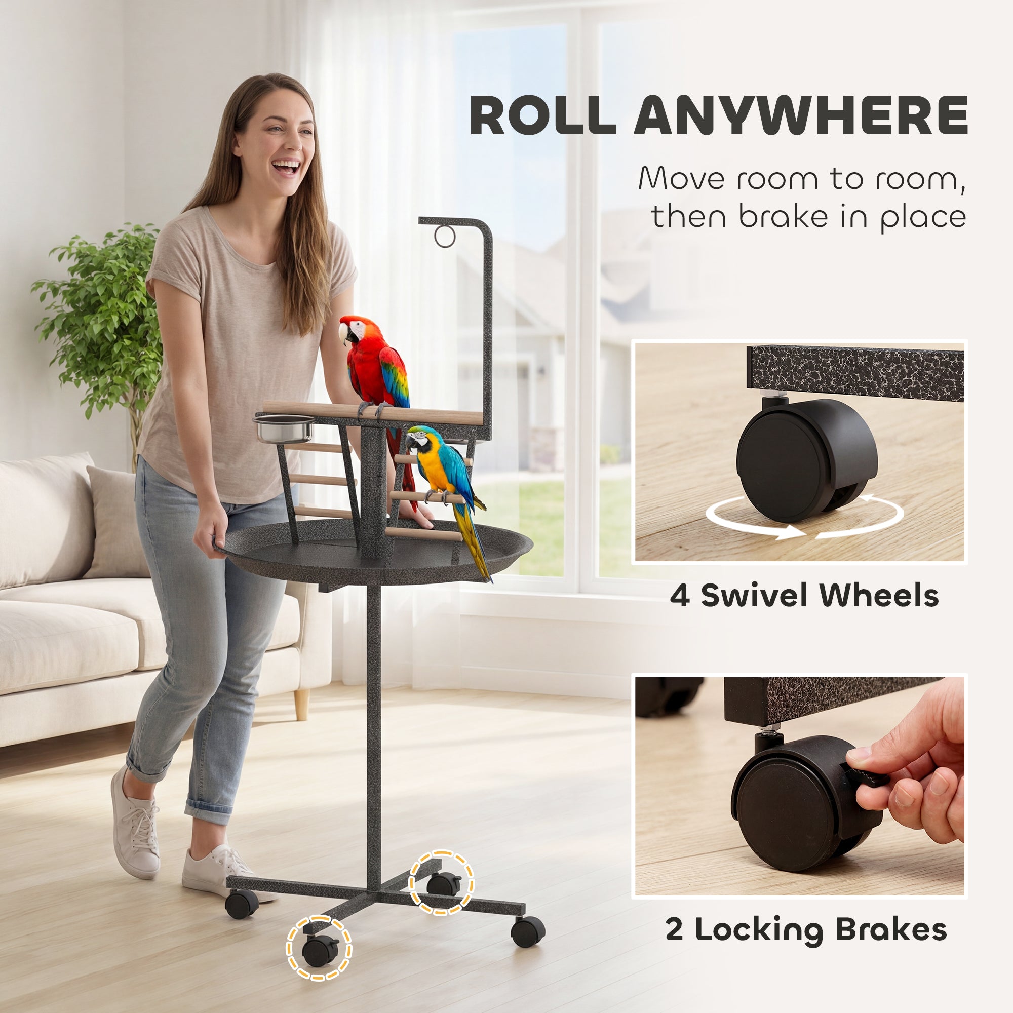 Bird Stand with Wheels Parrot Play Stand with Round Tray Stainless Steel Feed Bowls Indoor Outdoor Dark Gray