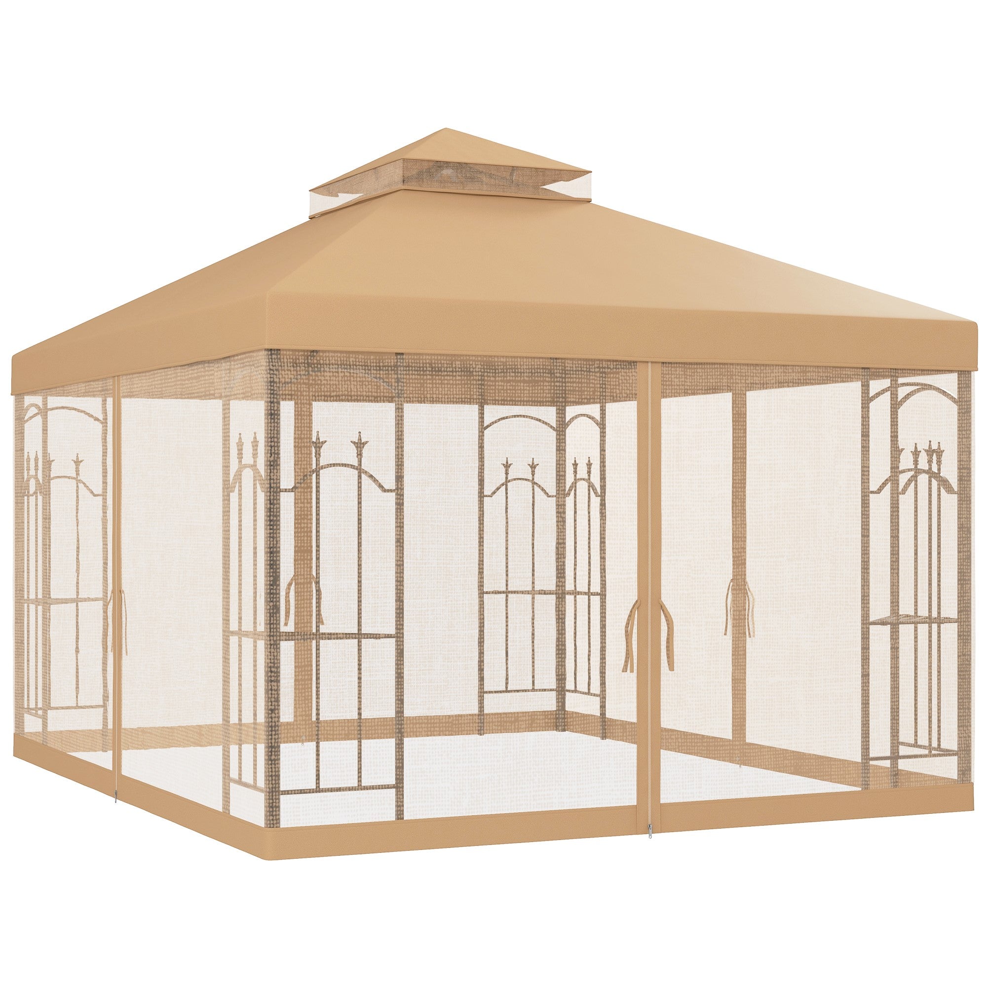 10' x 12' Patio Gazebo with Corner Frame Shelves, Double Roof Outdoor Gazebo Canopy Shelter with Netting, Brown