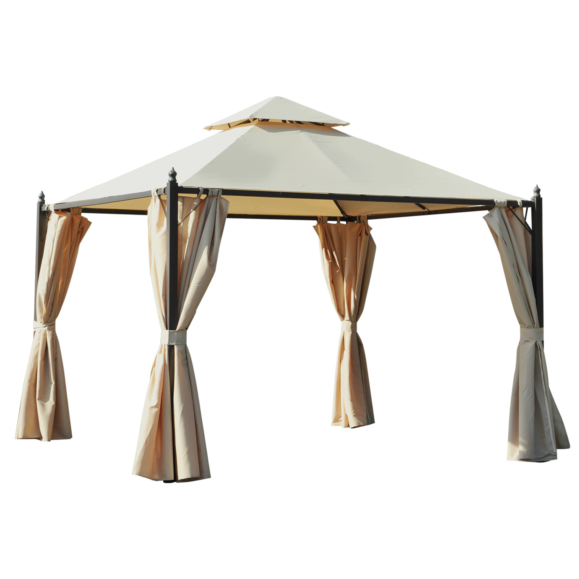 10' x 10' Steel Outdoor Patio Gazebo with Polyester Privacy Curtains, Two-Tier Roof for Air, Large Design