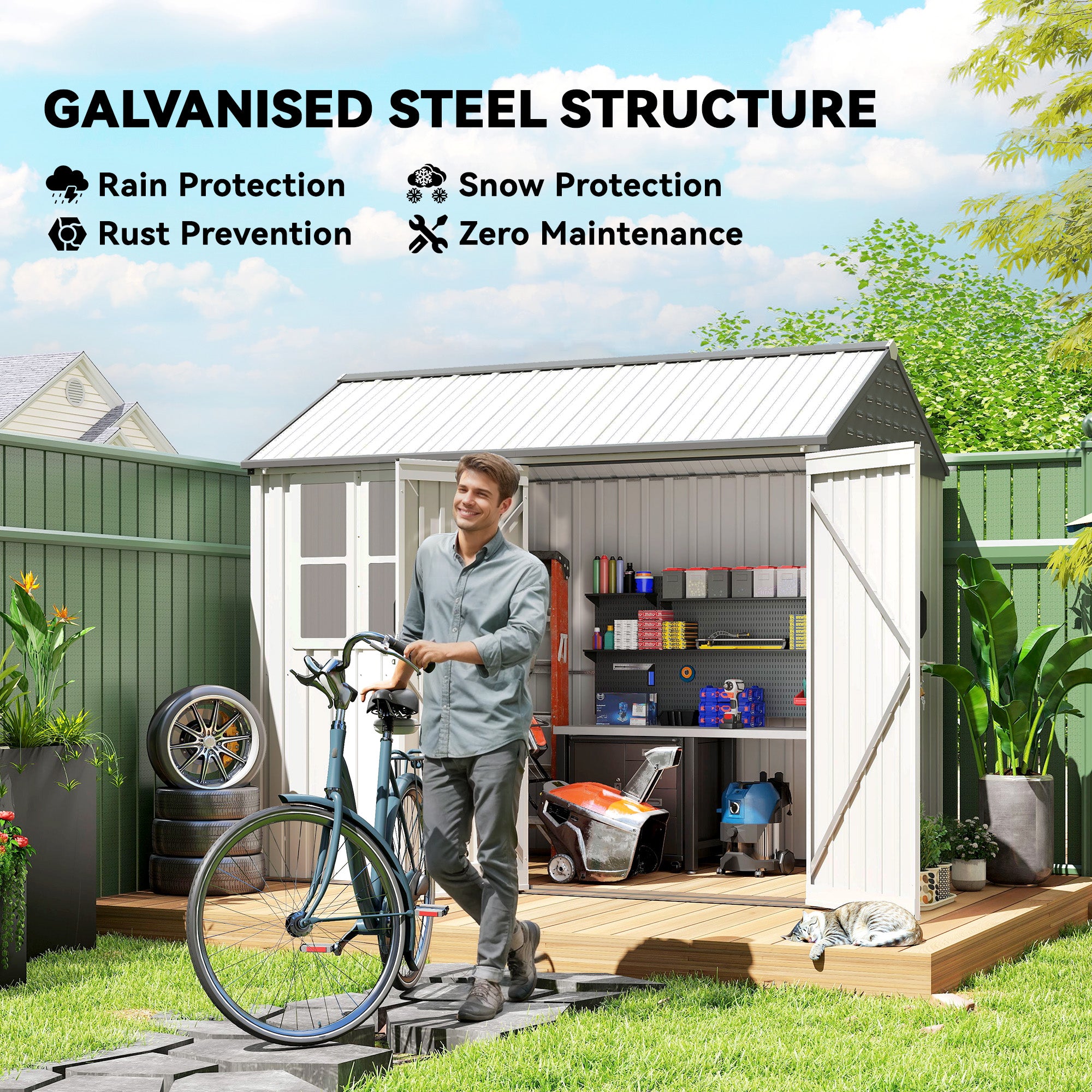 8' x 6' Metal Garden Storage Shed, Extra Large Outdoor Tool Storage House w/ Doors, Window and Air Vents, White