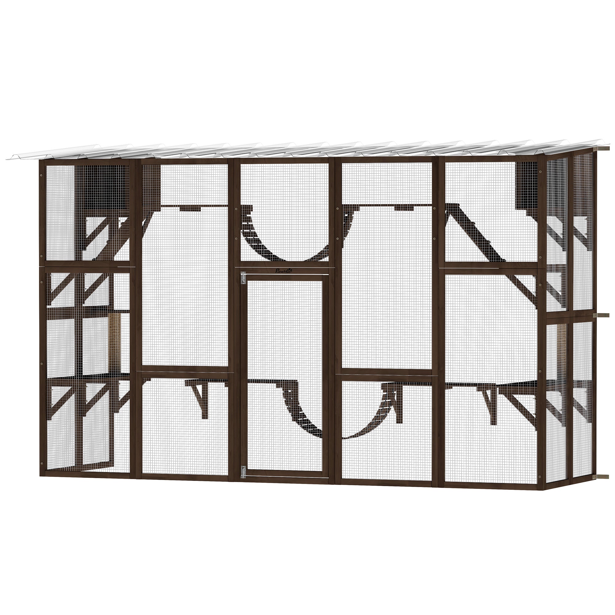 Catio Playground Cat Window Box Outside Enclosure for Multiple Cats w/ Shelves & Bridges, Coffee Brown