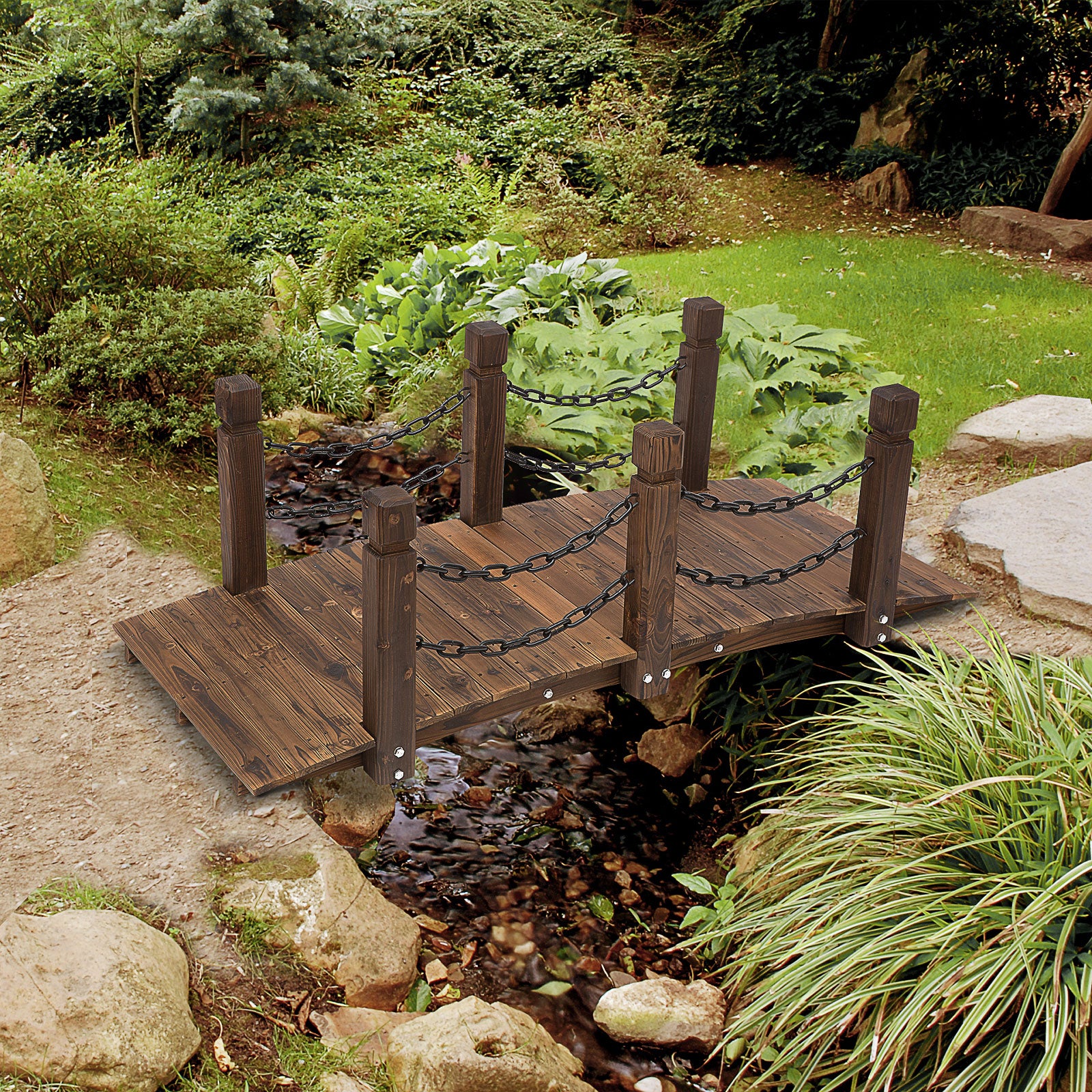 5 ft Wooden Garden Bridge Arc Footbridge with Metal Chain Railings & Solid Fir Construction, Carbonized