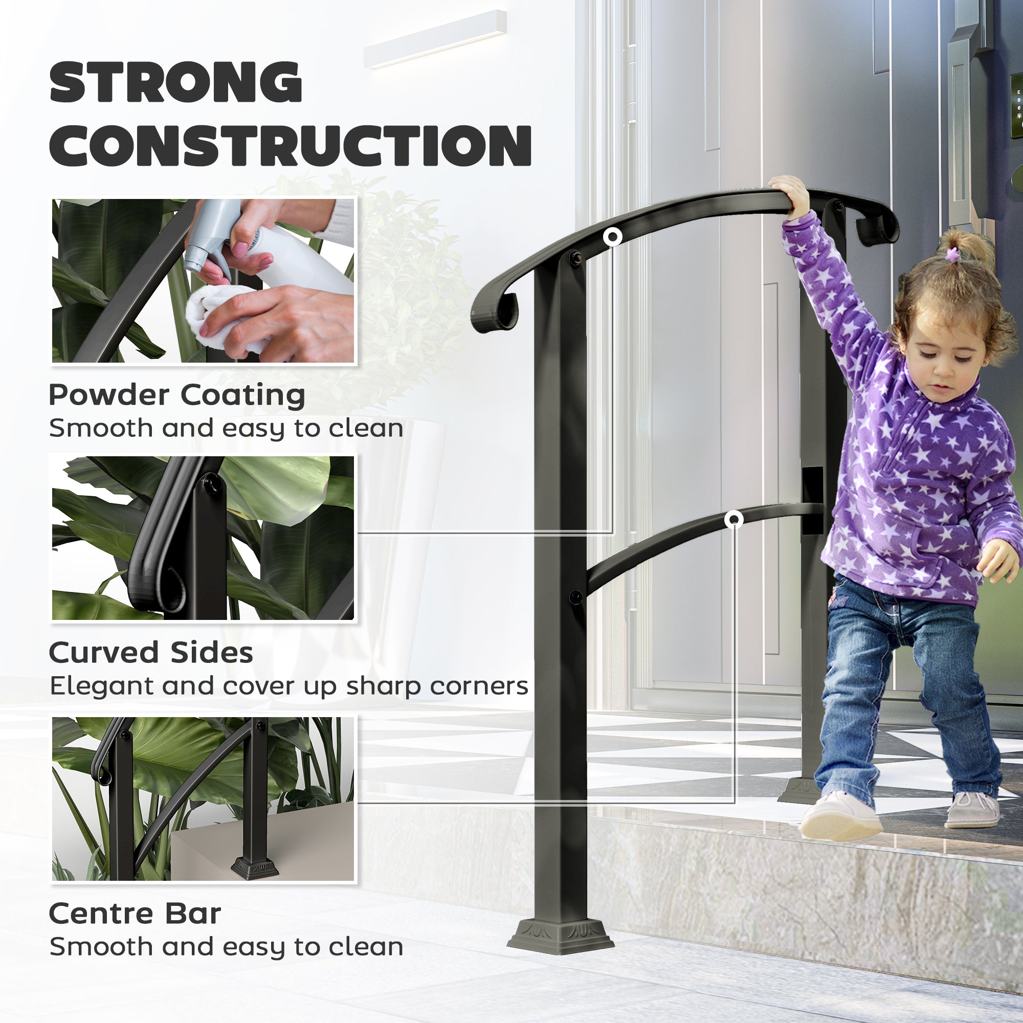 1-3 Step Metal Handrails for Outdoor Steps, Porch Deck Stair Railing with Installation Kit for Concrete Steps, Black