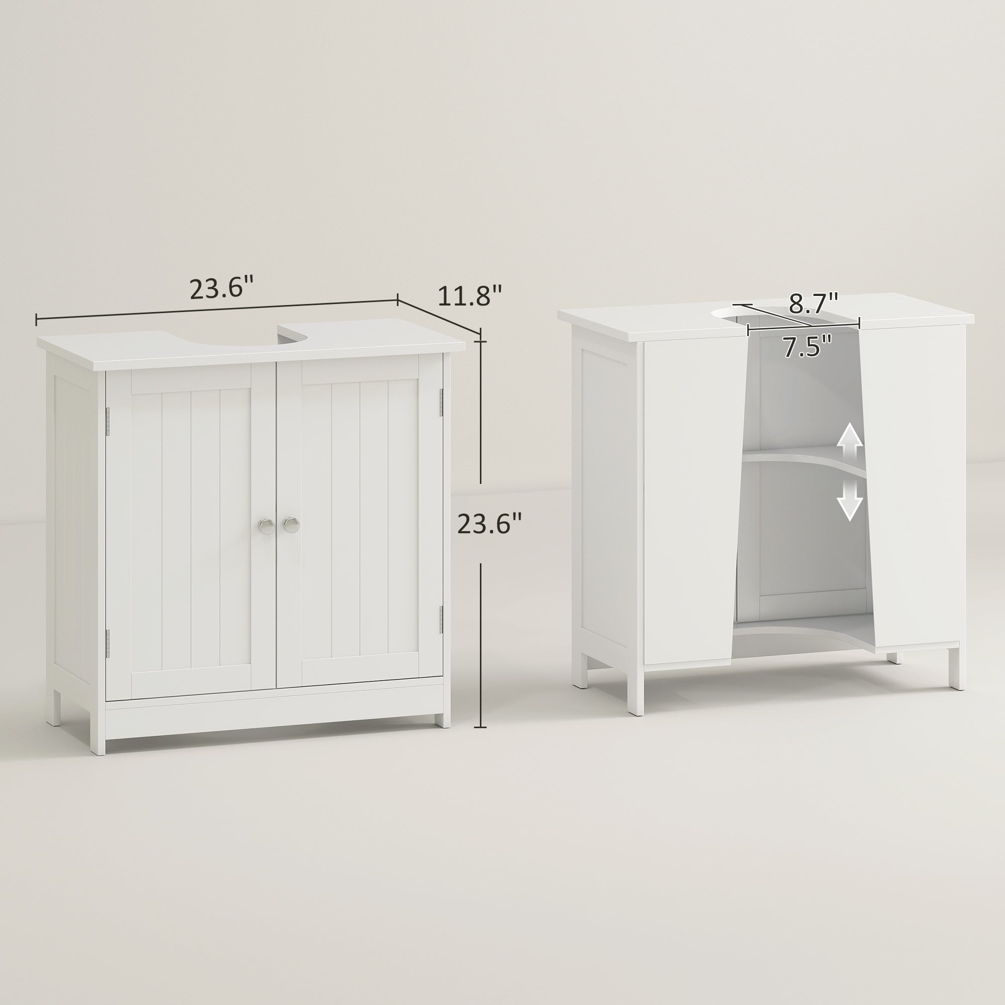 24" Under Sink Storage Cabinet with 2 Doors and Shelves, Pedestal Sink Bathroom Vanity Furniture, White