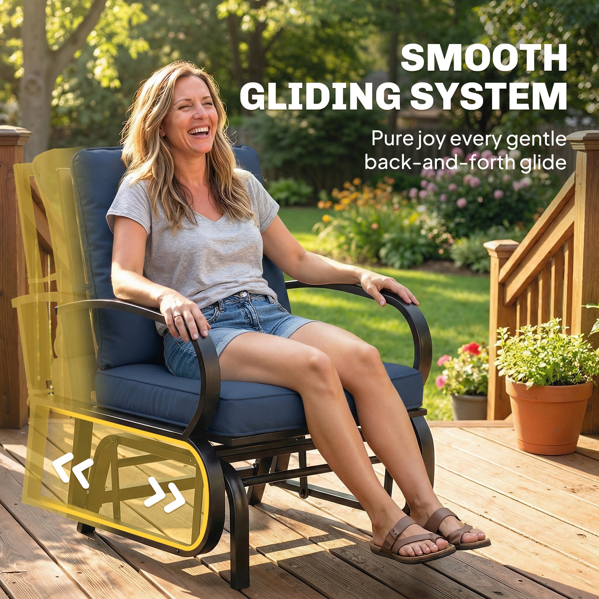 Patio Glider, Outdoor Glider Chair with Cushions, Steel Frame, Curved Armrests, Dark Blue