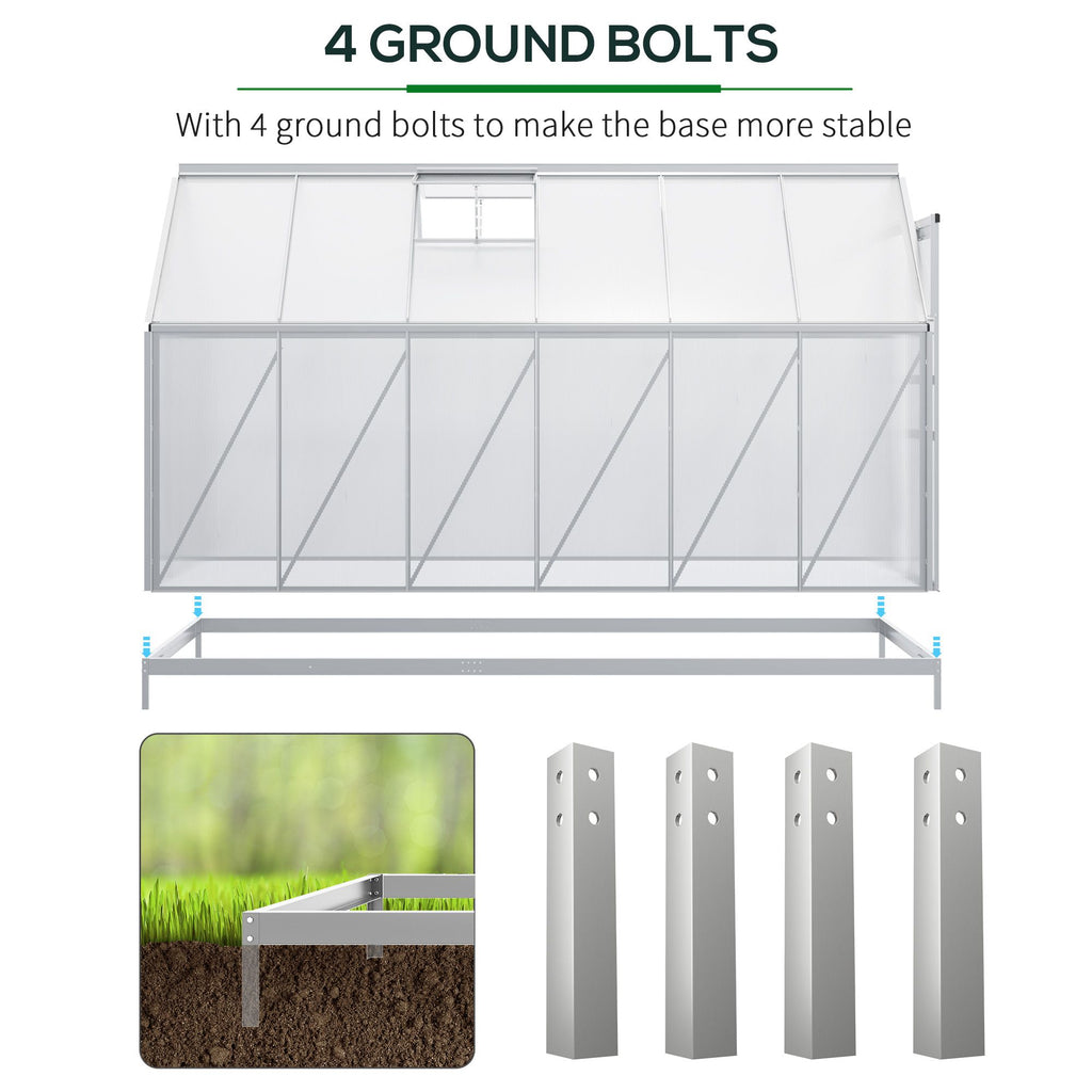 12' x 6' x 6.5' Polycarbonate Greenhouse with Aluminum Frame, Walk-in Heavy Duty Green House with Adjustable Roof Vent, Rain Gutter and Sliding Door for Winter, Silver