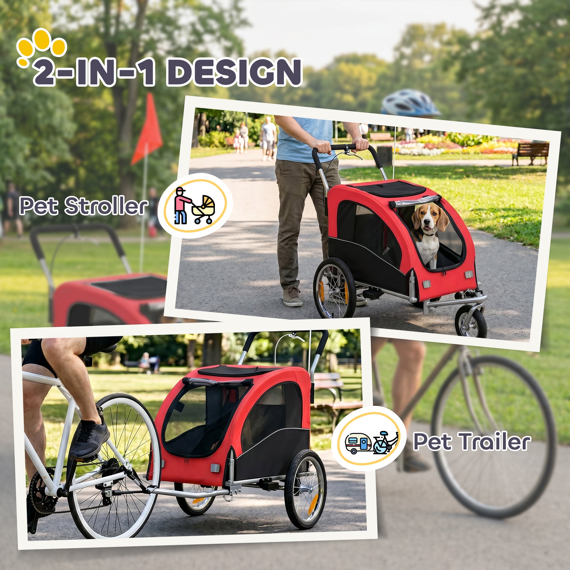 2 in 1 Dog Bike Trailer, Foldable Pet Stroller, Dog Bicycle Trailer with Suspension, for Medium Dogs up to 44 LBS, Red