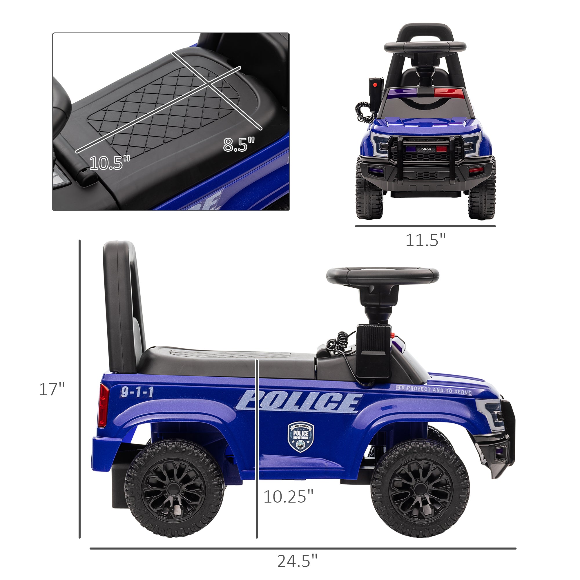 Kids Push Ride On Car with Working PA System and Horn, Police Truck Style Foot-to-Floor Sliding Car for Boys and Girls with Under-Seat Storage, for 18 Months to 5 Years Old, Blue