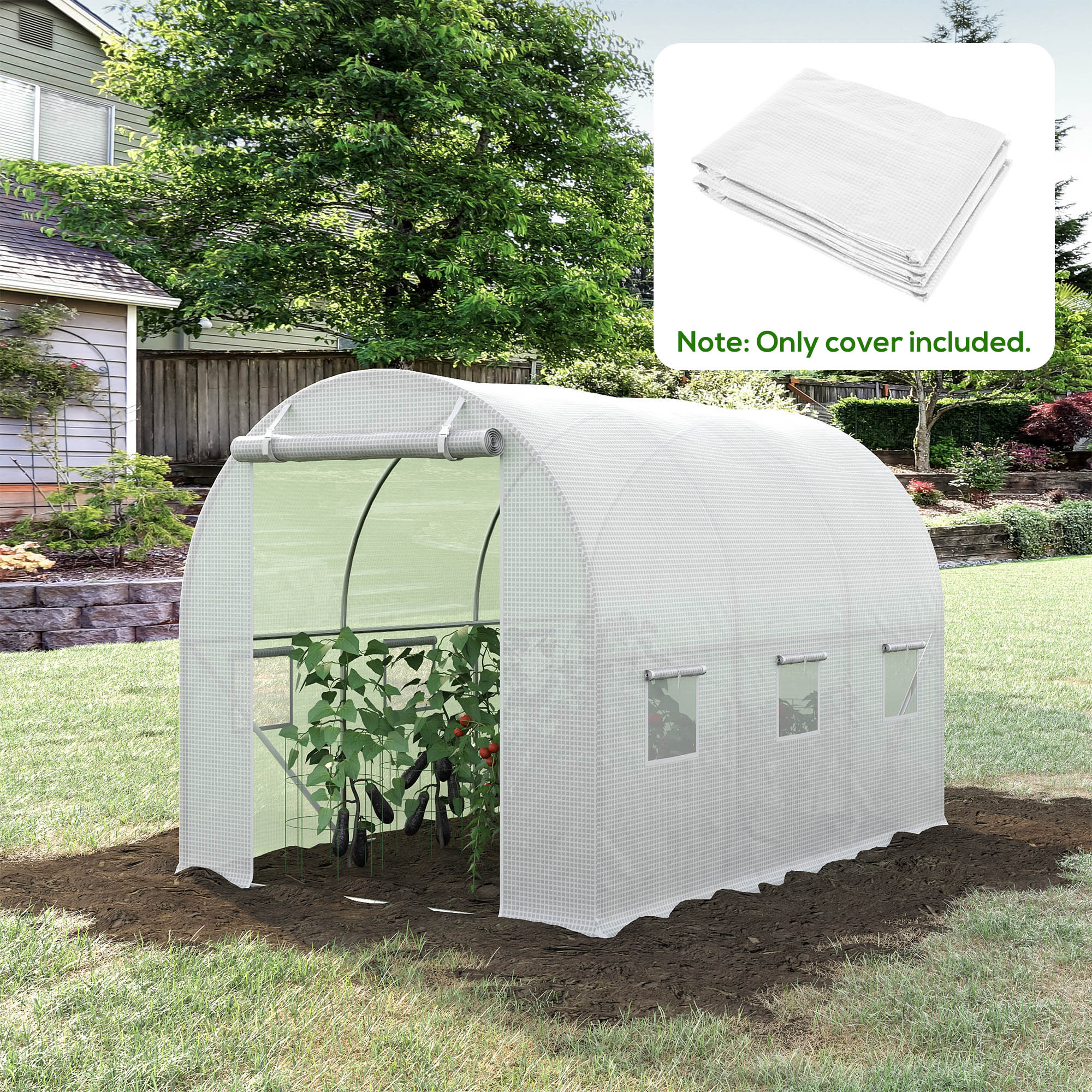 9.8' x 6.6' x 6.6' Plastic Greenhouse Cover Replacement, Heavy Duty Waterproof Tarp for Hoop House, Sheeting with 6 Windows, Door & Reinforcement Grid, White