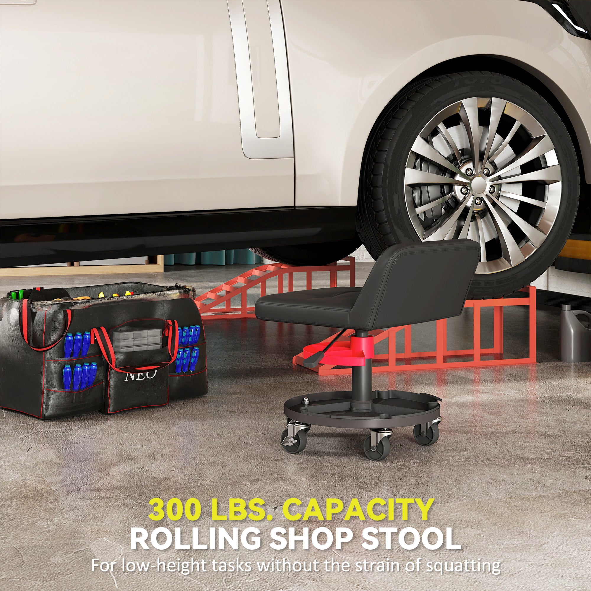 Rolling Creeper Garage Stool, 300 LBS Capacity Mechanic Stool with 360° Wheels, Tool Tray, Adjustable Height, Black