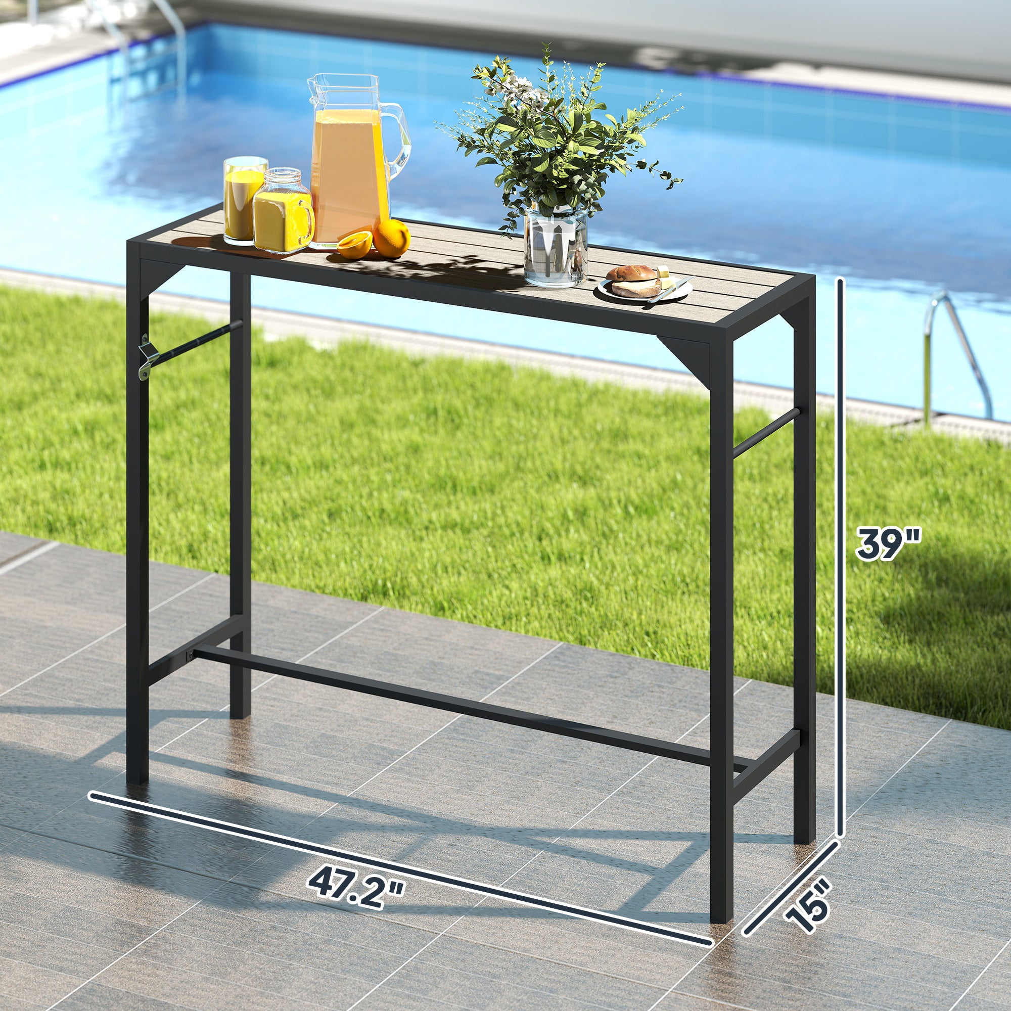 Outdoor Bar Table, Bar Height Patio Bar Table w/ Built-In Bottle Opener, Plastic Top with Wood Grain, 47.25" x 15" x 39"