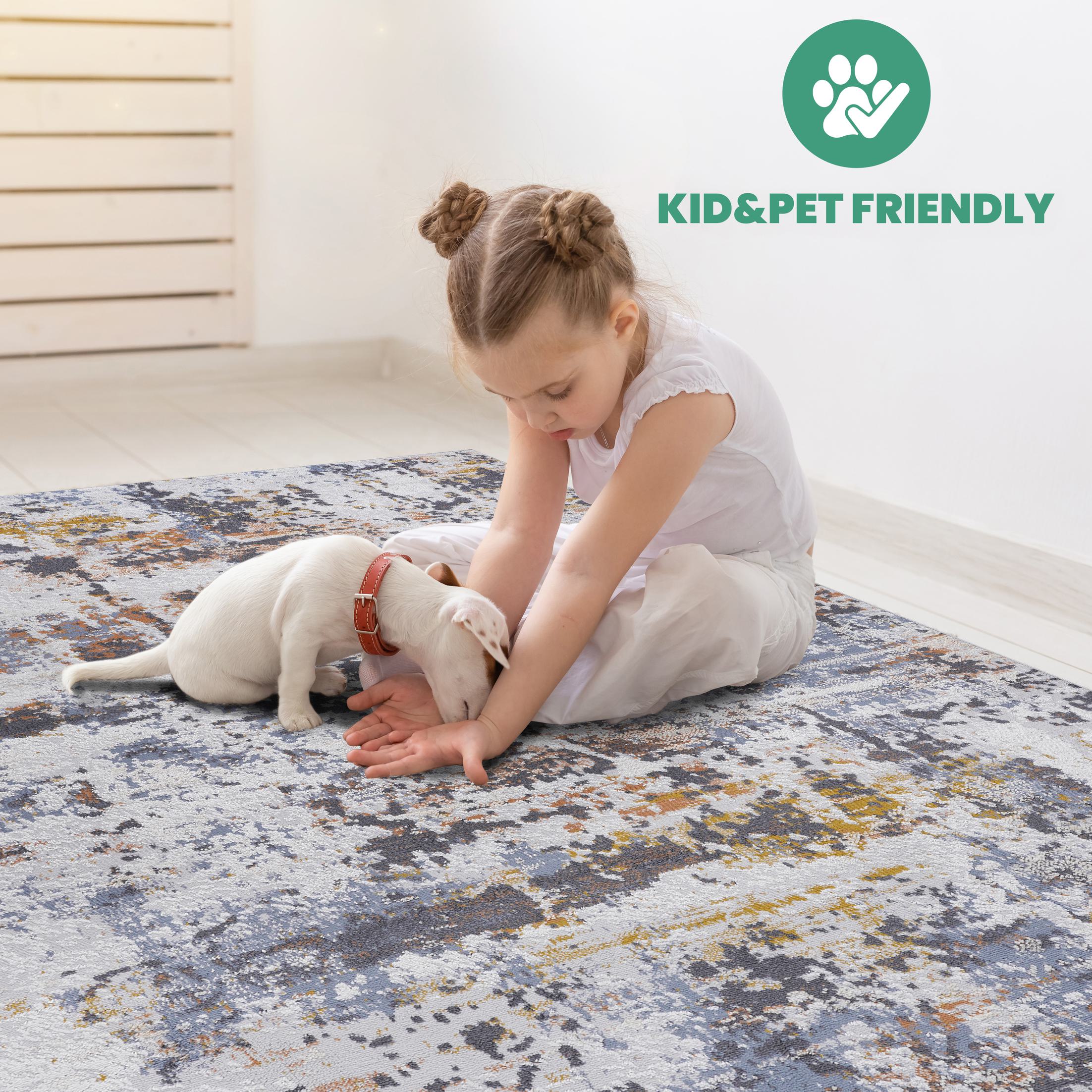 Naar 6x9 Abstract Stain-Resistant Area Rug with Cotton Backing, Medium Pile Height, Kid and Pet-Friendly Carpet, 93" L x 79" W x 0.3" H, Ivory+Navy