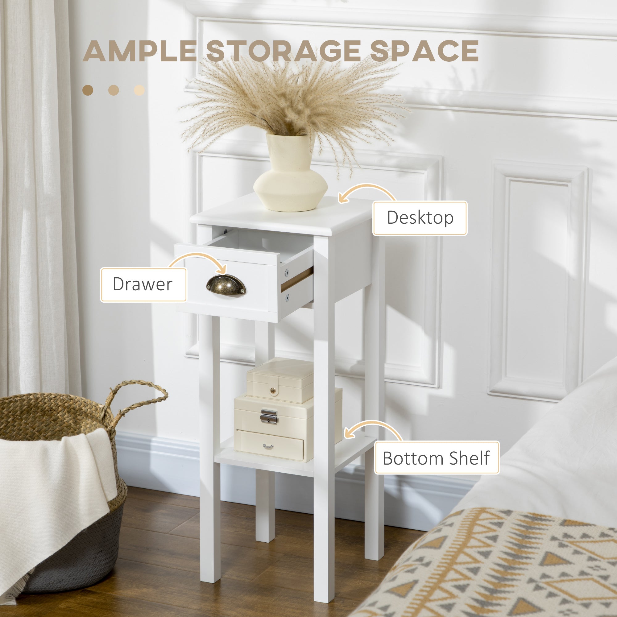 2-Tier Nightstand, Side Table with Drawer and Shelf for Living Room or Bedroom, Set of 2, White