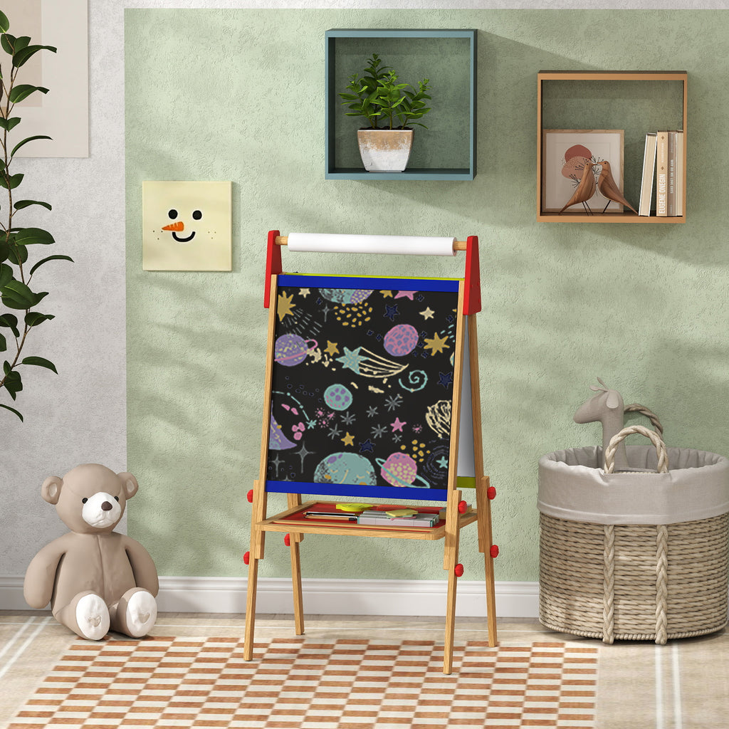 3 in 1 Easel for Kids with Paper Roll, Whiteboard, Chalkboard, Double Sided & Adjustable Height, Nature Wood