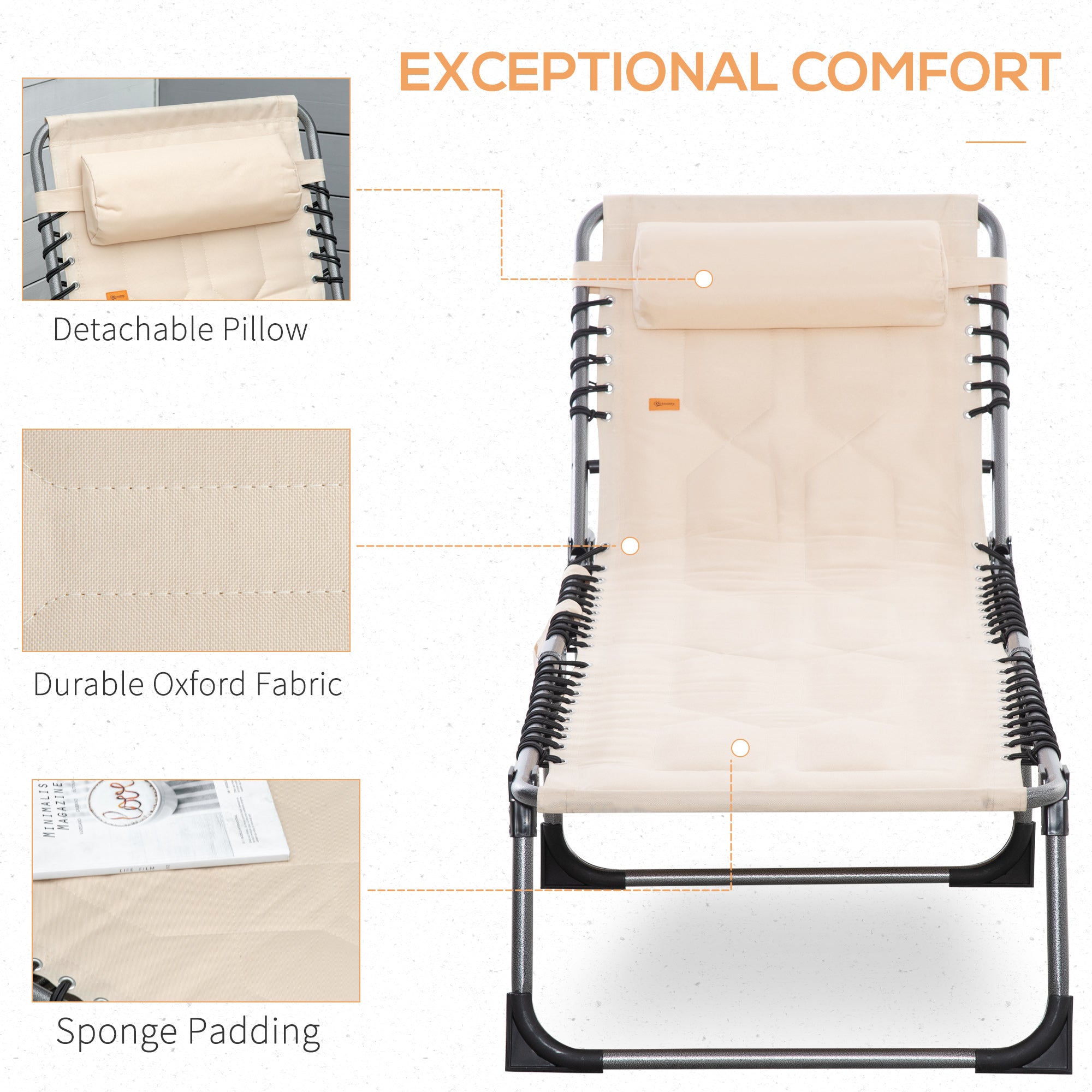 Padded Folding Chaise Lounge Chair, Outdoor 6-Level Reclining Camping Tanning Chair with Headrest for Beach, Yard, Patio, Pool, Beige