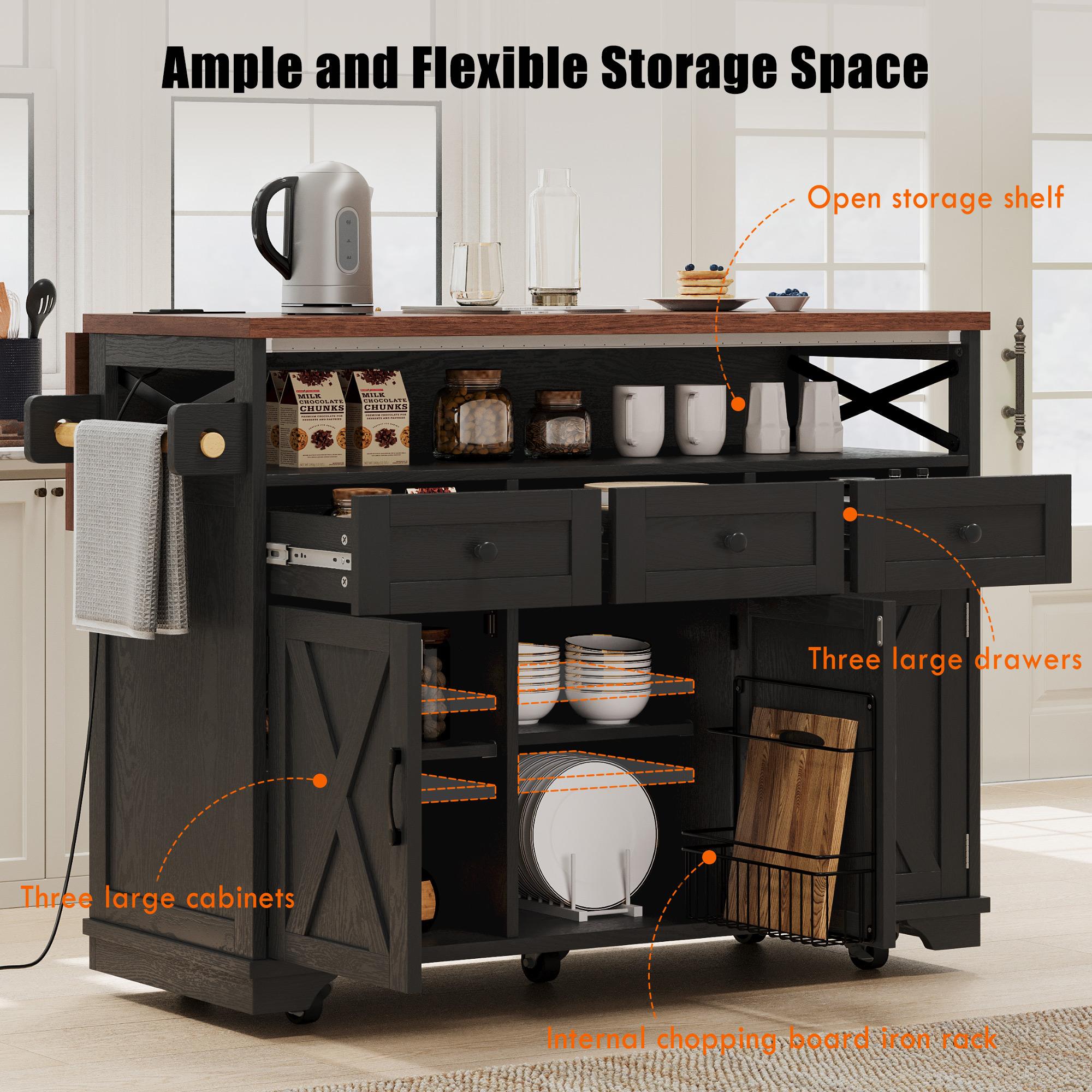 Farmhouse Kitchen Island Cart with Beaded Drape, Power Outlet, Drop Leaf, Adjustable Shelves, Perfect for Kitchen and Dining Room, Black