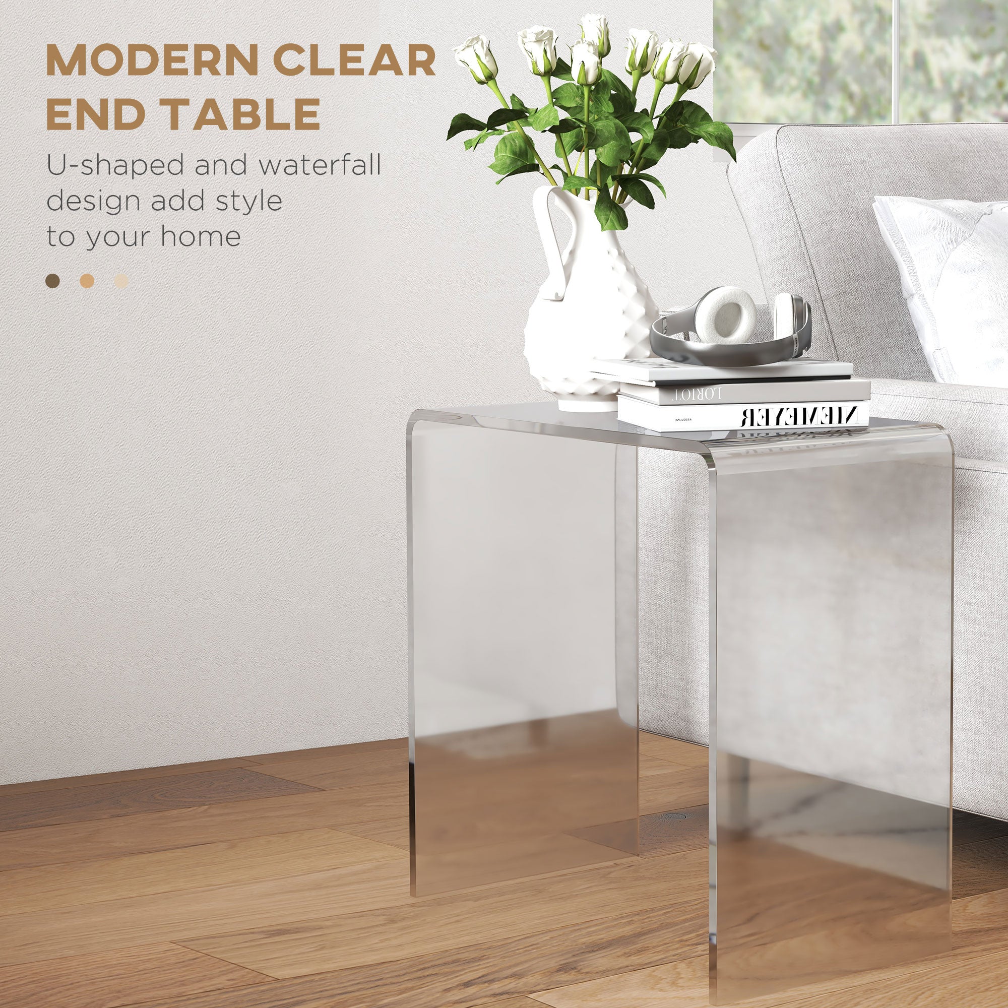 Modern Acrylic End Table, Waterfall Side Table with Rounded Edges and Storage for Small Spaces, 21" x 12" x 21", Clear