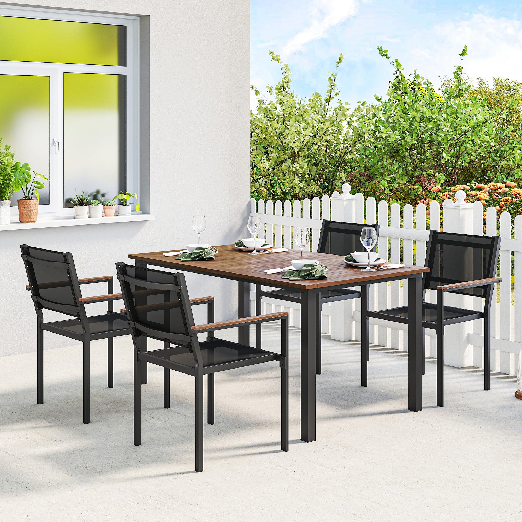 Outdoor Dining Set for 4, Patio Table and Chairs Set with 59" Rectangle Acacia Wood Table and 352 LBS Stackable Chairs