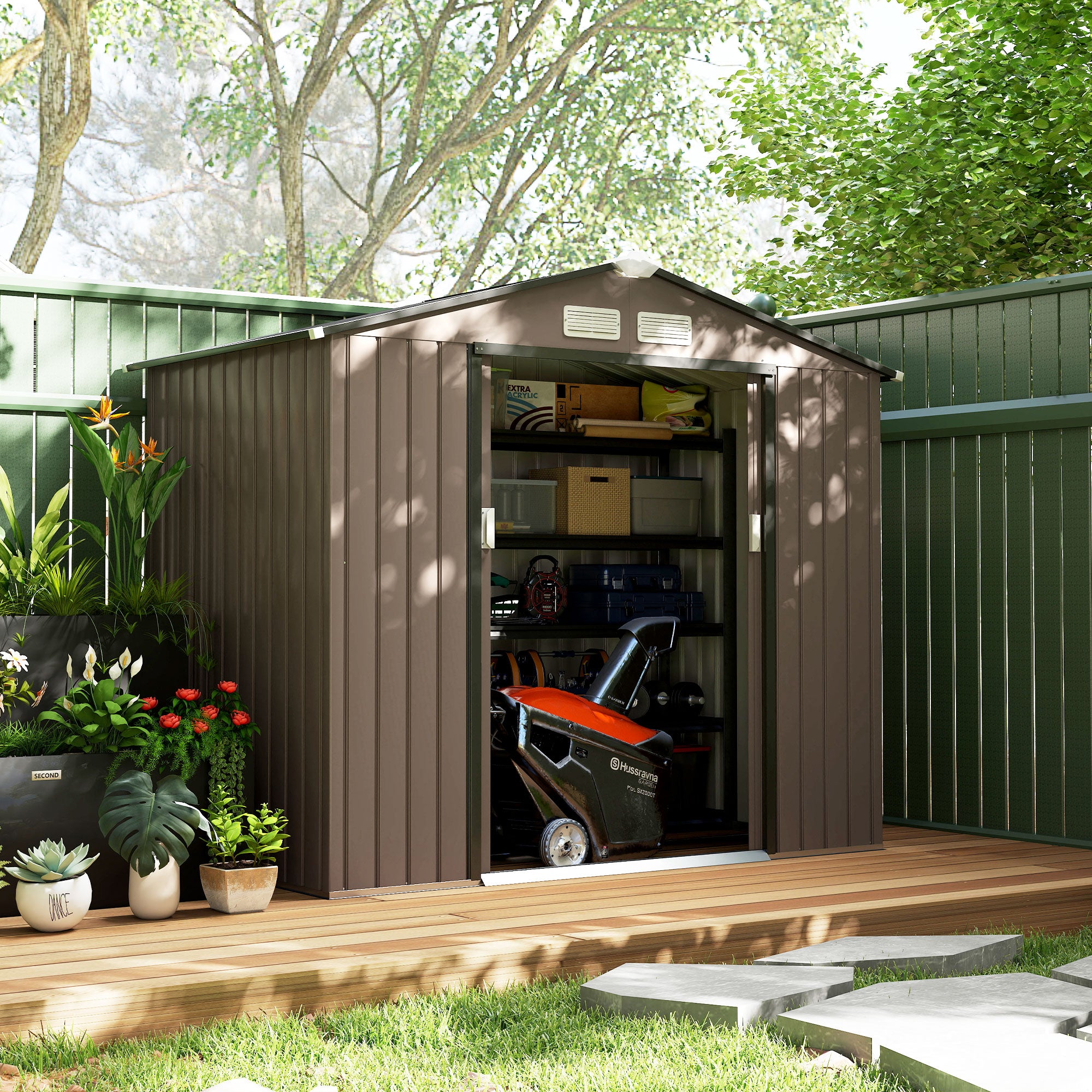 7x4 Storage Shed, Outdoor Garden Tool Shed with Foundation Kit, Vents & Sliding Doors for Backyard Patio, Brown