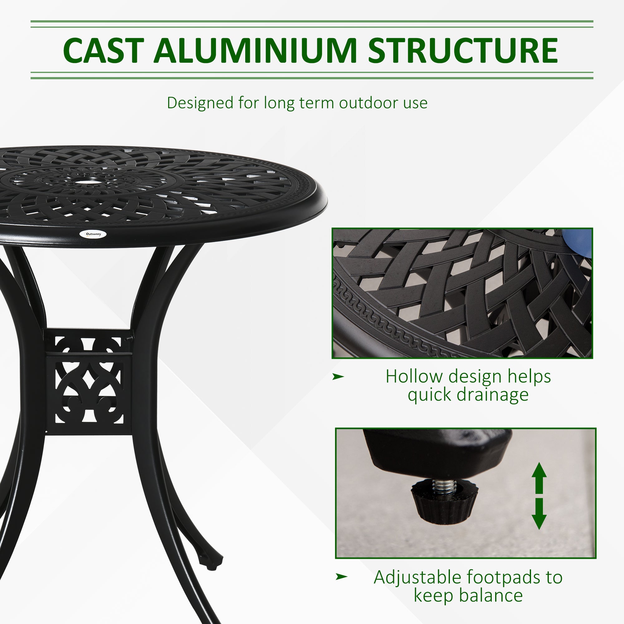 30" Round Patio Dining Table with Umbrella Hole, Antique Cast Aluminum Outdoor Bistro Table Only, Black