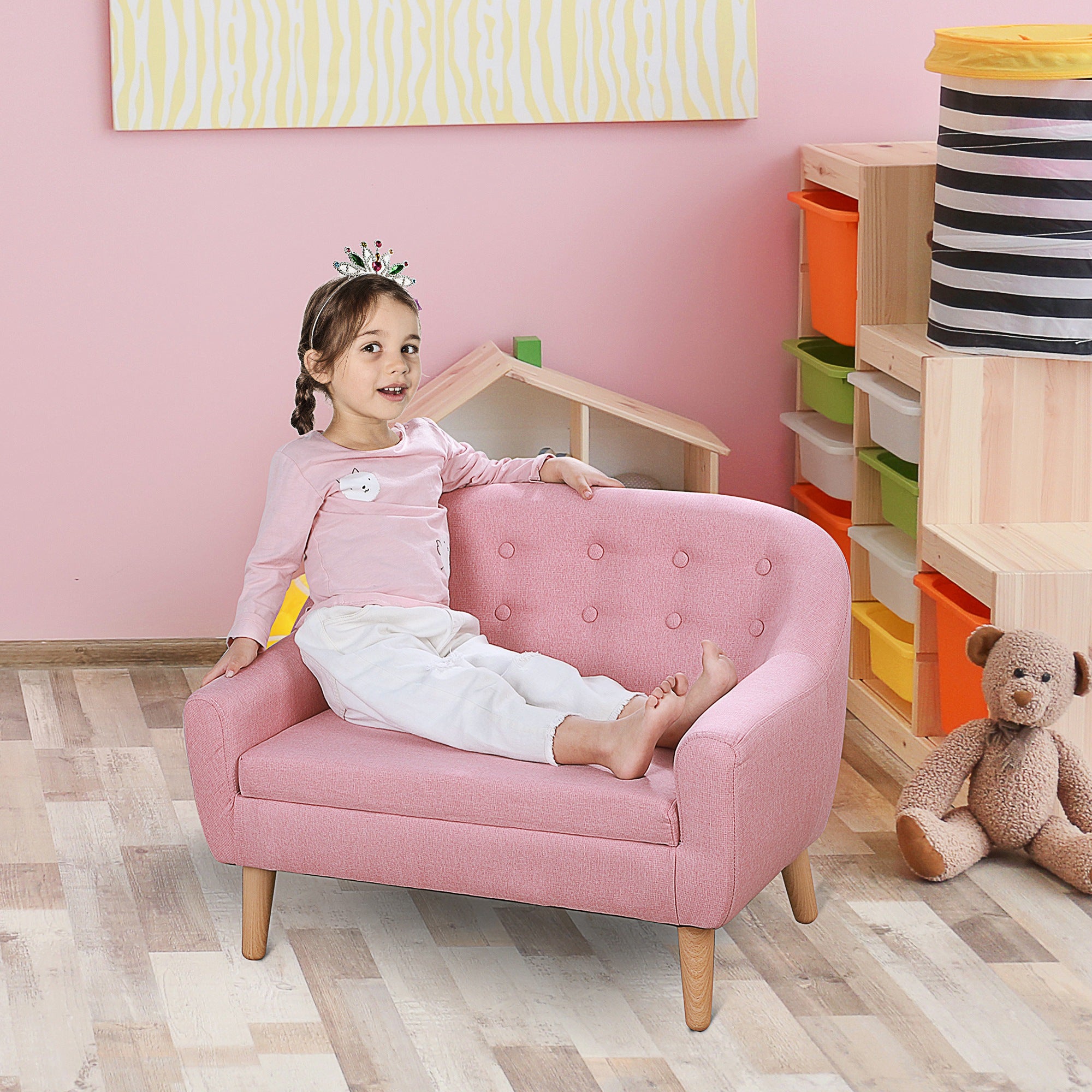 2-Seat Kids Sofa, Toddler Sofa Couch, Linen-Like Fabric & Wood Frame Sofa Chair for Ages 3-7, 11" High Seat, Pink