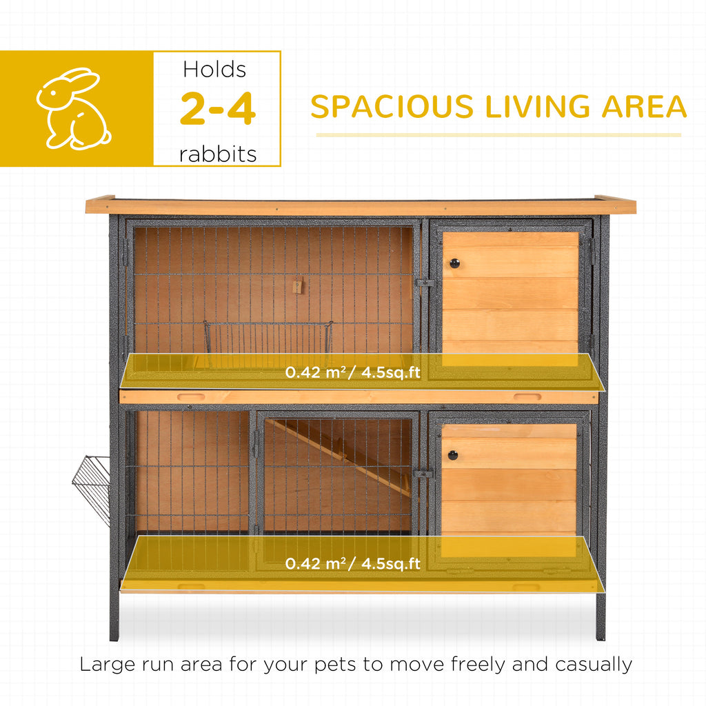 48" 2-Story Large Rabbit Hutch Bunny Cage Wooden Pet House Metal Frame with Rooms, Ramp, No Leak Tray, Feeding Trough, Waterproof Asphalt Roof for Rabbits, Chickens, Ducks, Outdoor/Indoor