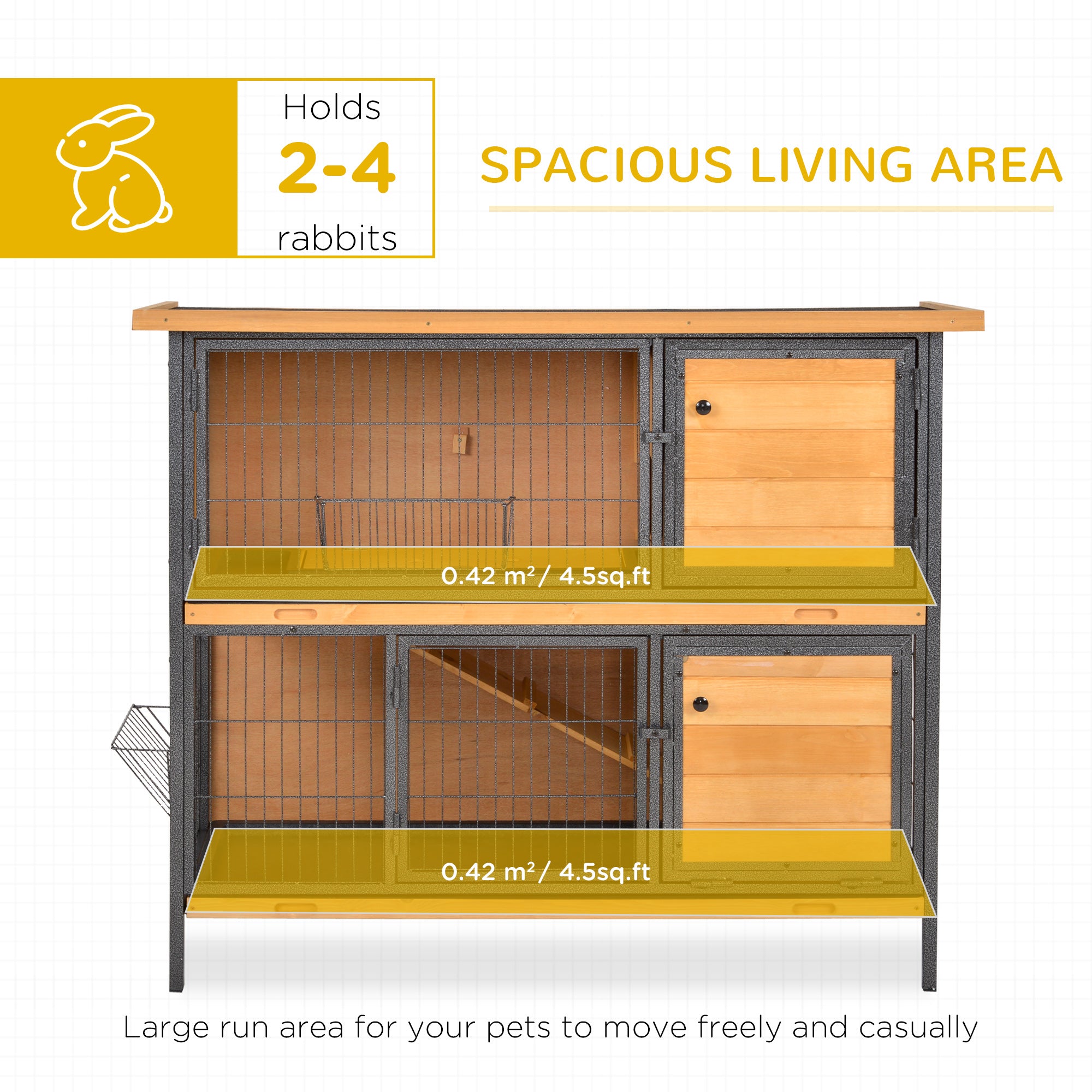 48" 2-Story Large Rabbit Hutch Bunny Cage Wooden Pet House Metal Frame with Rooms, Ramp, No Leak Tray, Feeding Trough, Waterproof Asphalt Roof for Rabbits, Chickens, Ducks, Outdoor/Indoor