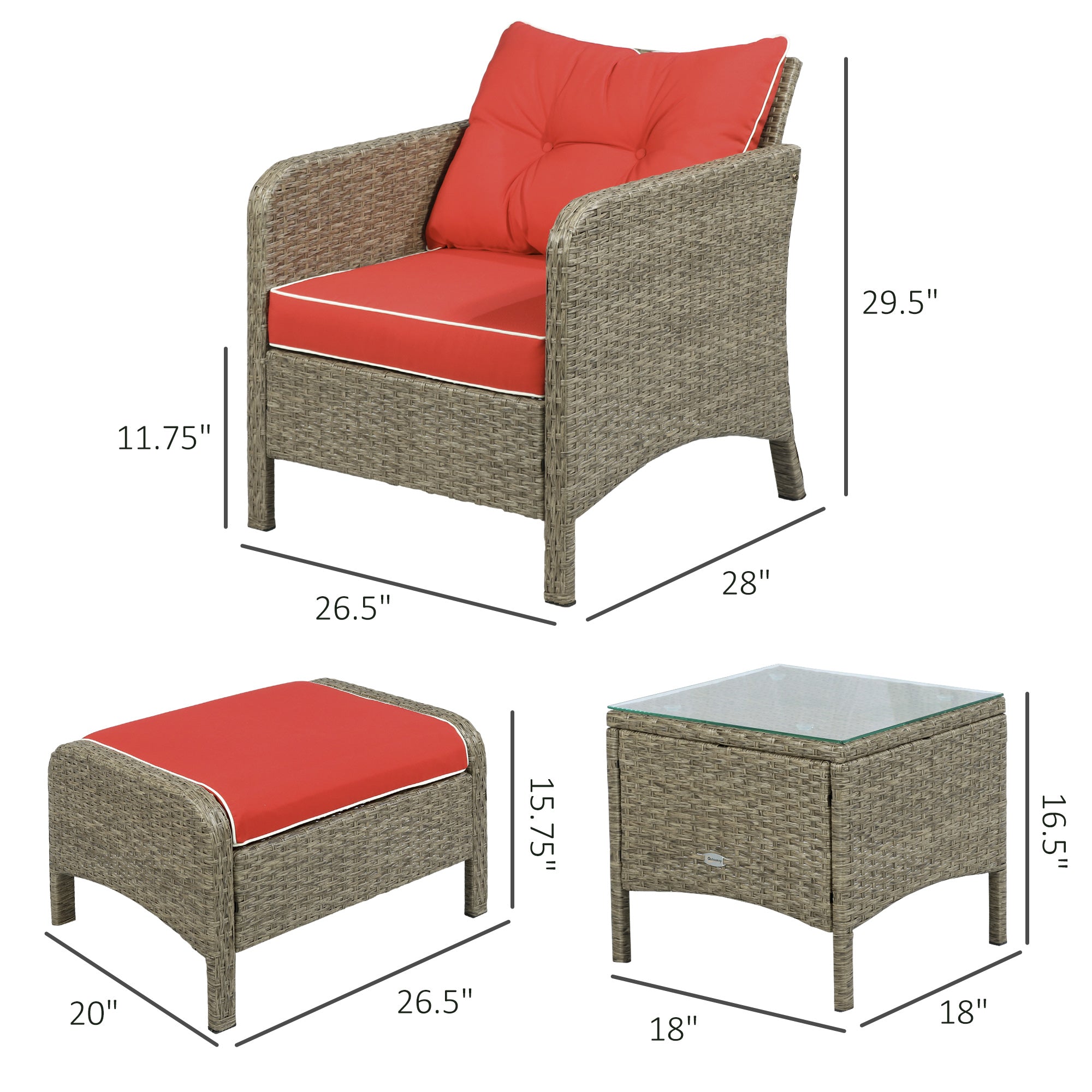 5 Pieces Rattan Wicker Lounge Chair Outdoor Patio Conversation Set w/ Cushioned Chairs, Ottomans and Tempered Glass Top