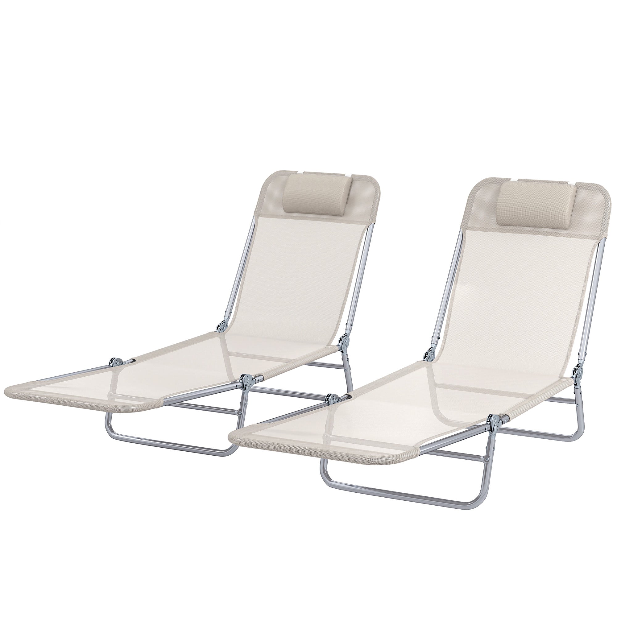 2 Piece Sun Loungers, Folding Chaise Lounge Chairs with Reclining Back, Breathable Mesh Seat, Headrest, Cream White