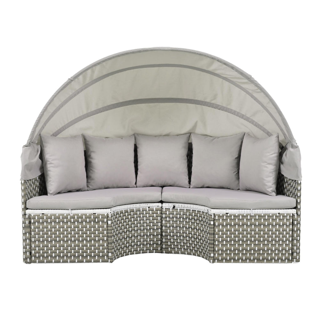 Round Rattan Patio Daybed with Retractable Canopy and Table, Versatile Sunbed with Separate Garden Seating, 66.5" L x 65" W x 53.5" H, Gray