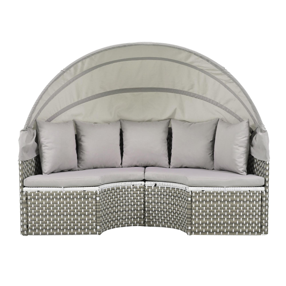 Round Rattan Patio Daybed with Retractable Canopy and Table, Versatile Sunbed with Separate Garden Seating, 66.5" L x 65" W x 53.5" H, Gray