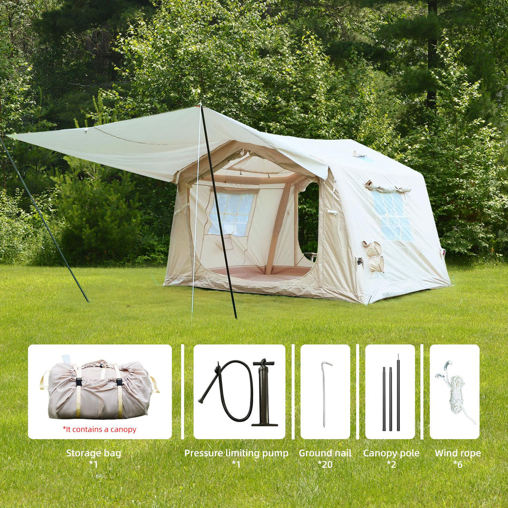 4-Season Camping Tent with Extended Awning and Higher Sidewalls, Waterproof Family Tent with Dual Doors, 126″ L x 98.5″ W x 82.5″ H, Beige