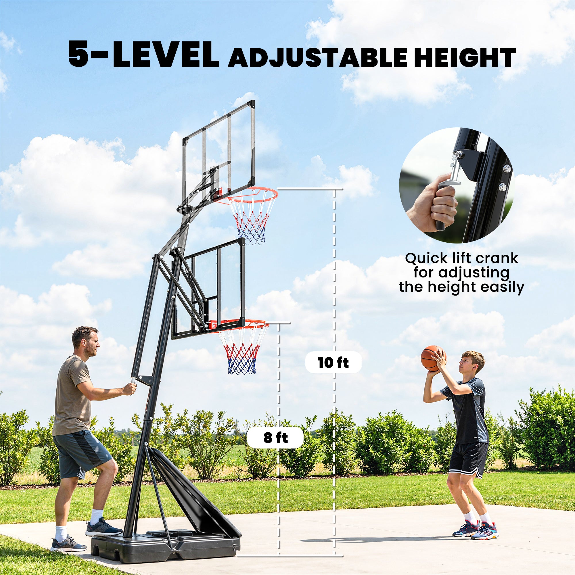 Portable Basketball Hoop Outdoor, 8-10ft Adjustable Basketball Goal, 43 Inch Shatterproof Backboard, Hand-Crank Lift