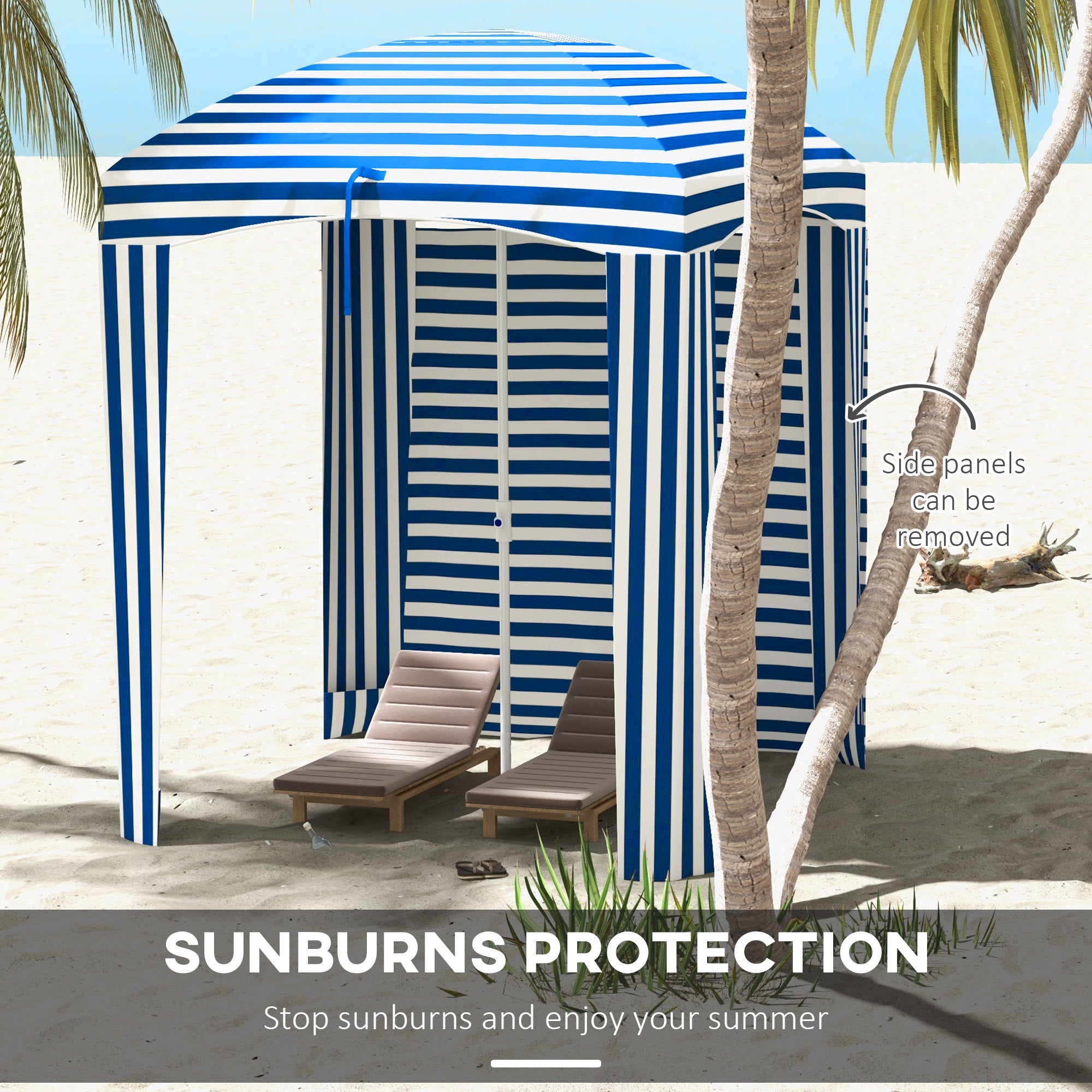 5.8' x 5.8' Cabana Umbrella with Walls, Vents, Ruffles, Carry Bag, Beach Umbrella, Blue White Stripe