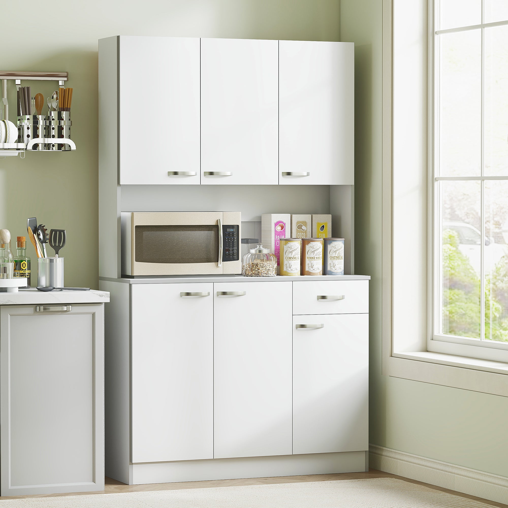 71" Kitchen Pantry Cabinet, Tall Storage Cabinet with Microwave Stand, Modern Kitchen Hutch with Countertop, 6 Doors, Storage Drawer, 3 Adjustable Shelves for Living Room, Dining Room, White