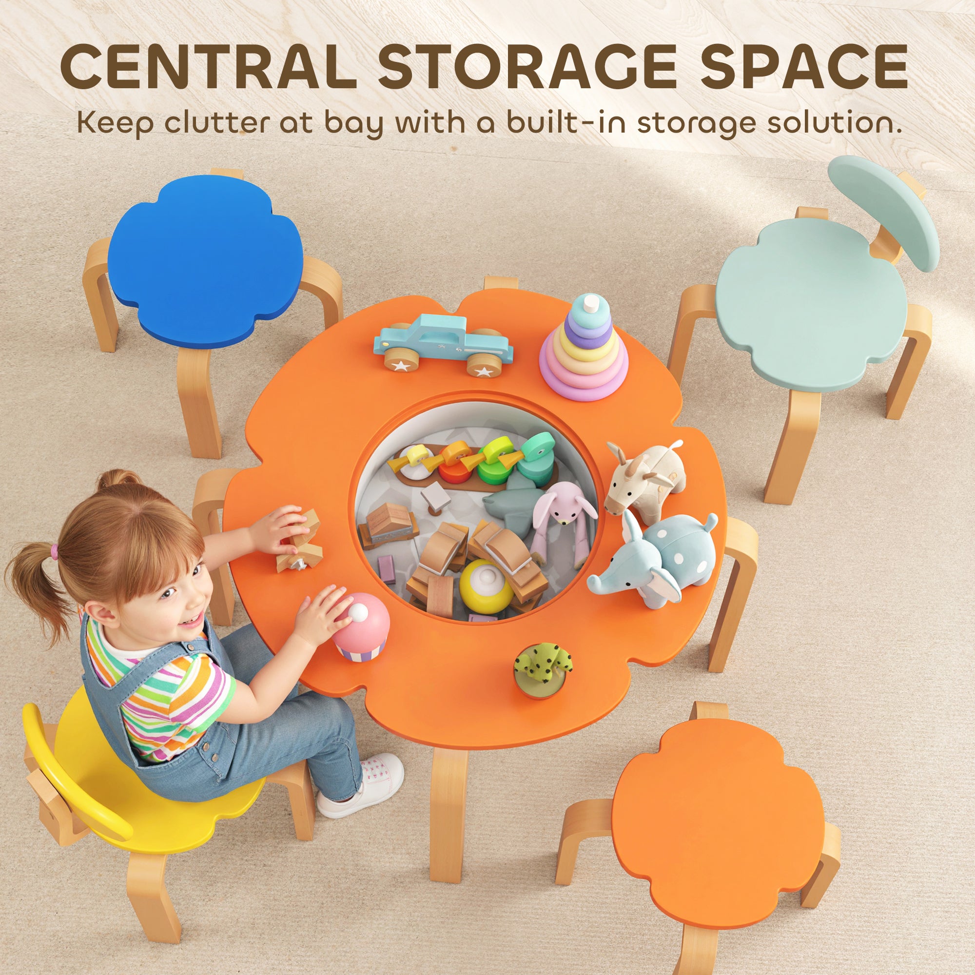 5 Piece Kids Table and Chairs Set, Toddler Table and Chair Set with Built-in Storage, for Nursery, Living Room, Playroom