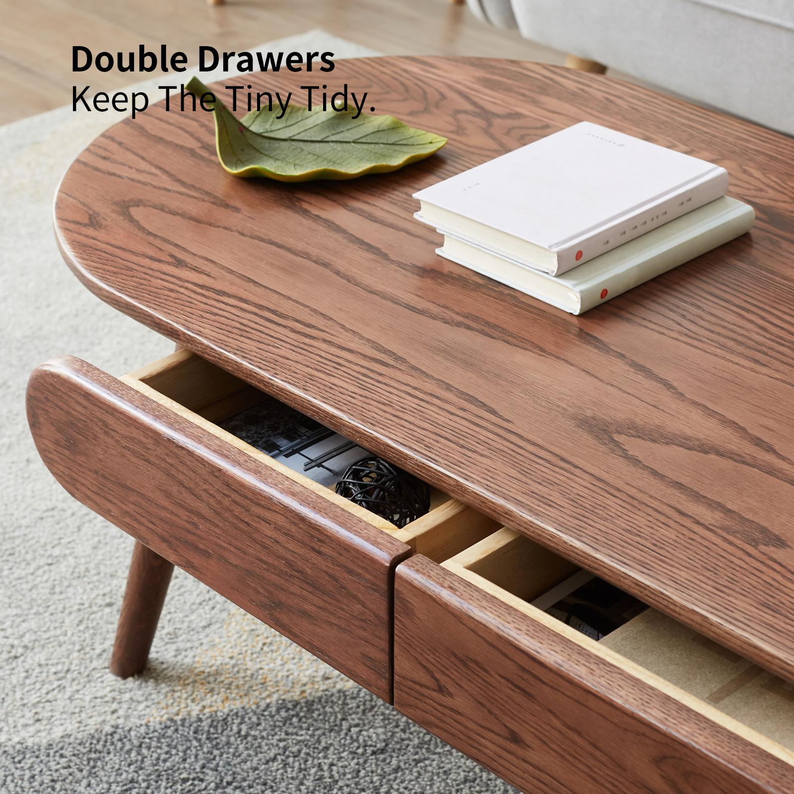 Solid Coffee Table with Modern Oval Top and Rounded Corners, Sturdy Center Table with 2 Storage Drawers, 47″ L x 22″ W x 16.5″ H, Walnut