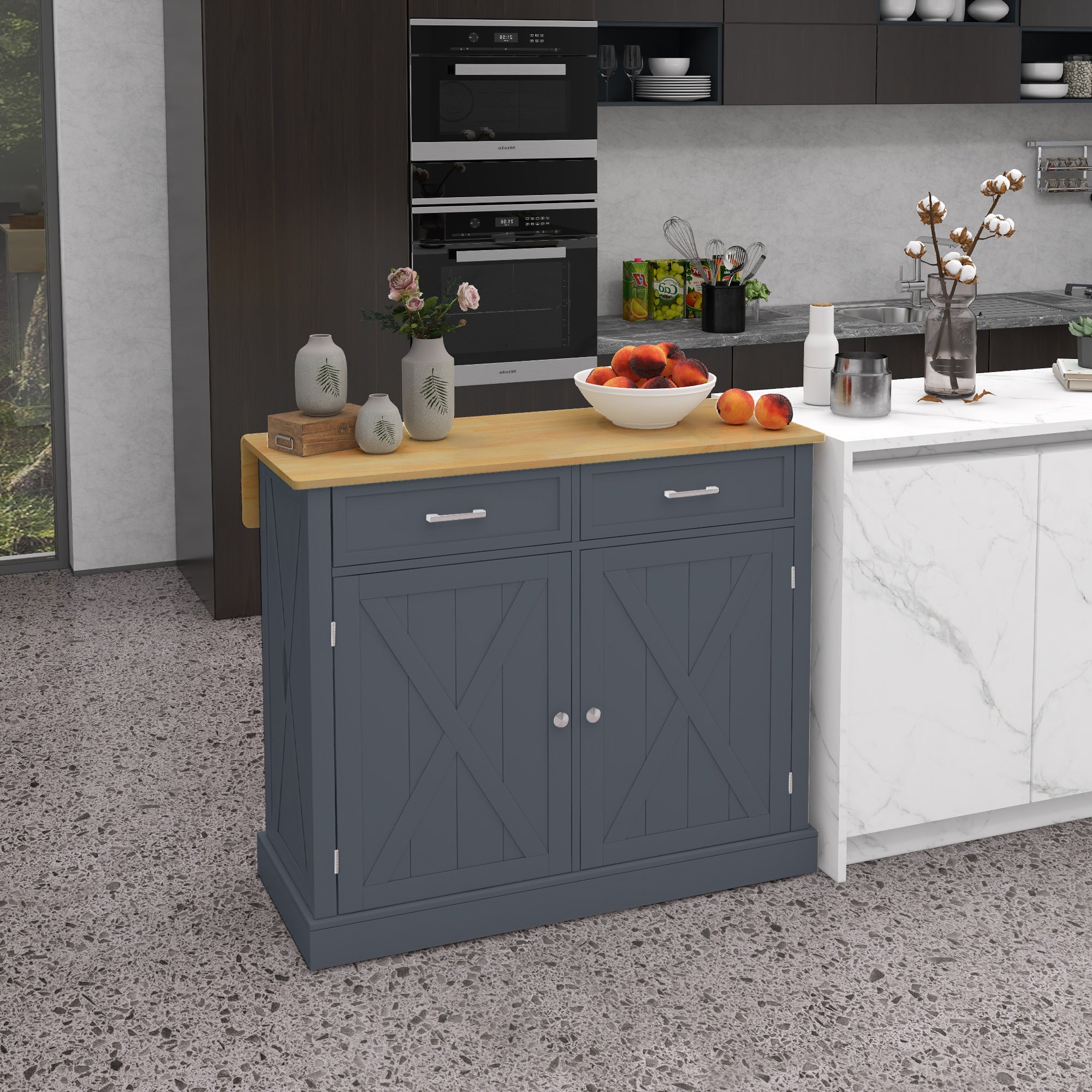 Rolling Kitchen Island with Drop Leaf Wood Breakfast Bar, Farmhouse Kitchen Cart with 2 Drawers, Adjustable Shelves for Dining Room, Dark Gray