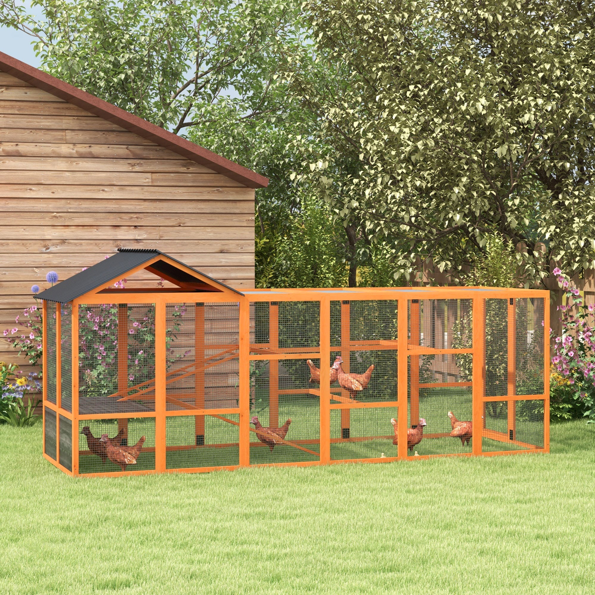 Wooden Chicken Coop Run for 6 - 10 Chickens, Hen House Add-On with Storage, Perches, 141.75" x 48" x 61", Orange