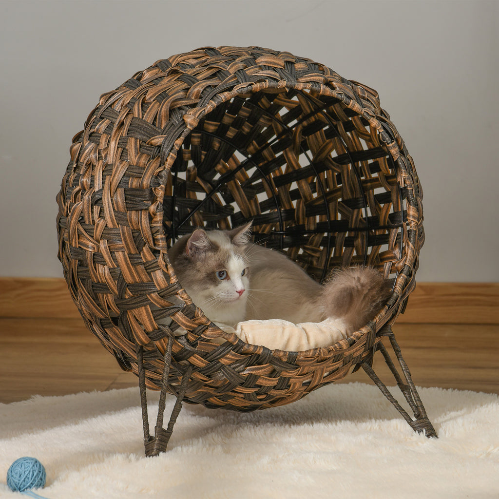 20.5" Weaved Cat Bed, Elevated Hand-woven Braided Banana Leaf Kitten House Condo with Cushion, Brown