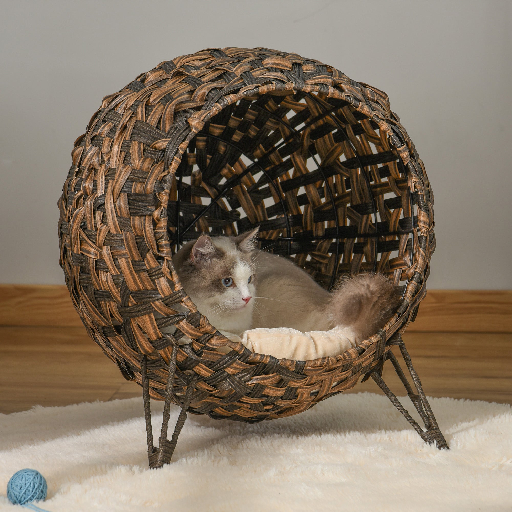 20.5" Weaved Cat Bed, Elevated Hand-woven Braided Banana Leaf Kitten House Condo with Cushion, Brown