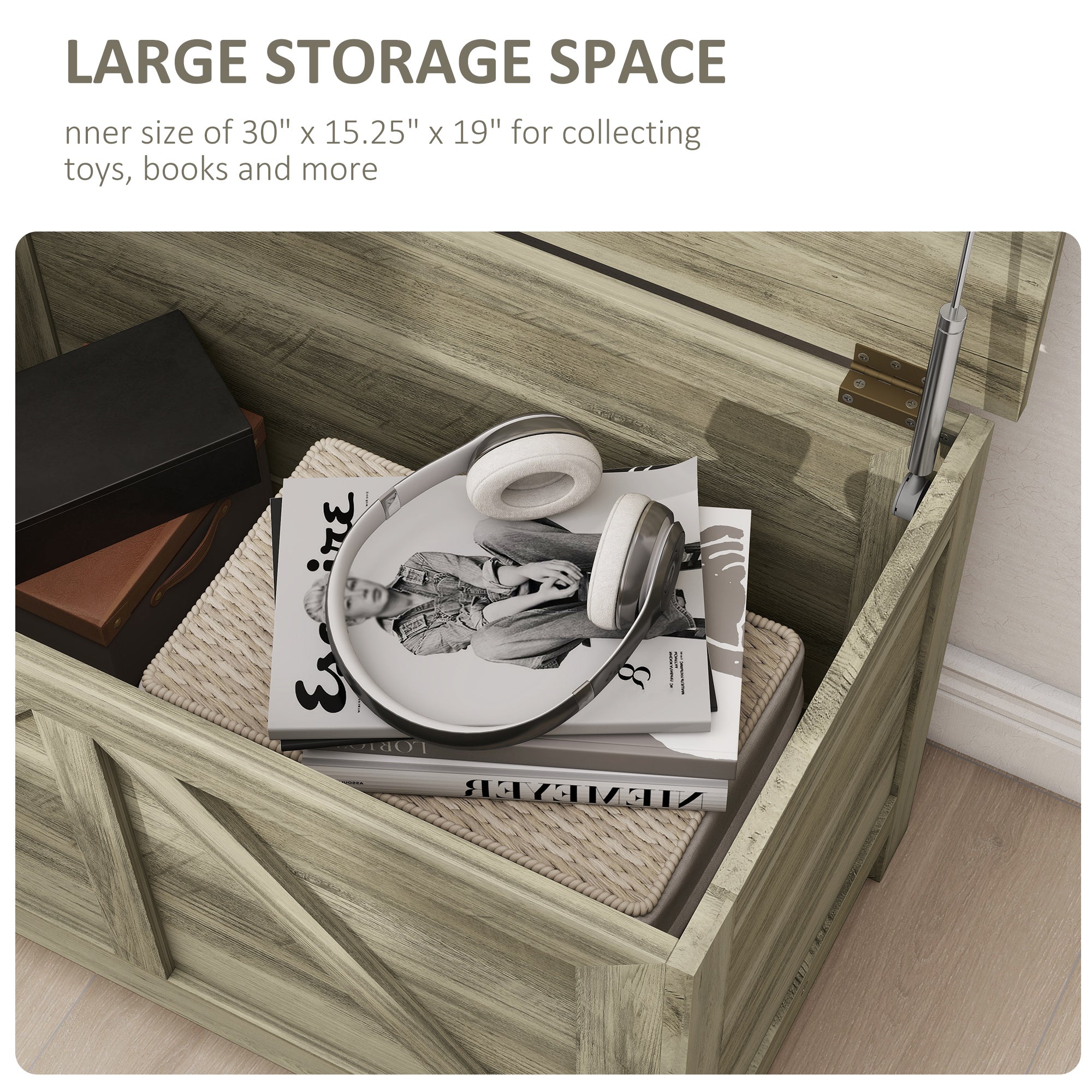 30" Farmhouse Storage Bench, Lift Top Storage Chest with Safety Hinge to Open Up 100°, Wooden Trunk for Bedroom, Entryway, Living Room, Gray