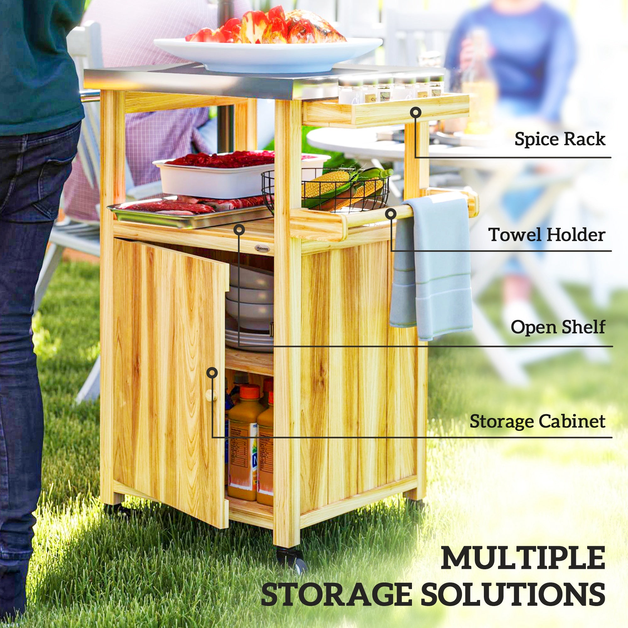 Outdoor Grill Cart w/ Stainless Steel Top, Solid Wood Outdoor Kitchen Island w/ Wheels, Integrated Hole, Natural Wood