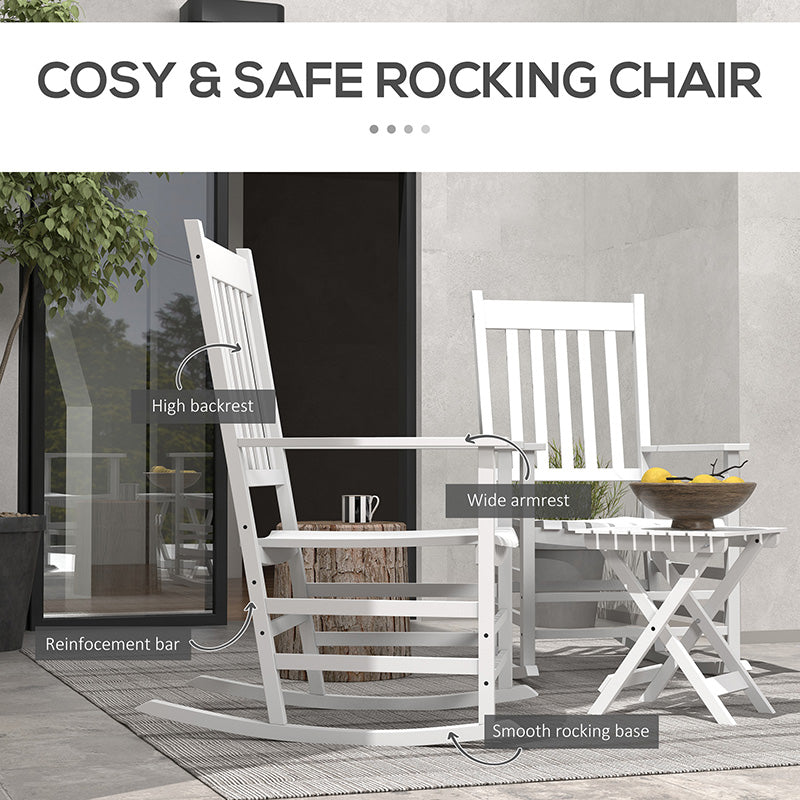 Wooden Rocking Chair Set, Curved Armrests, High Back, Slatted Top Table Outdoor Rocker Set, White