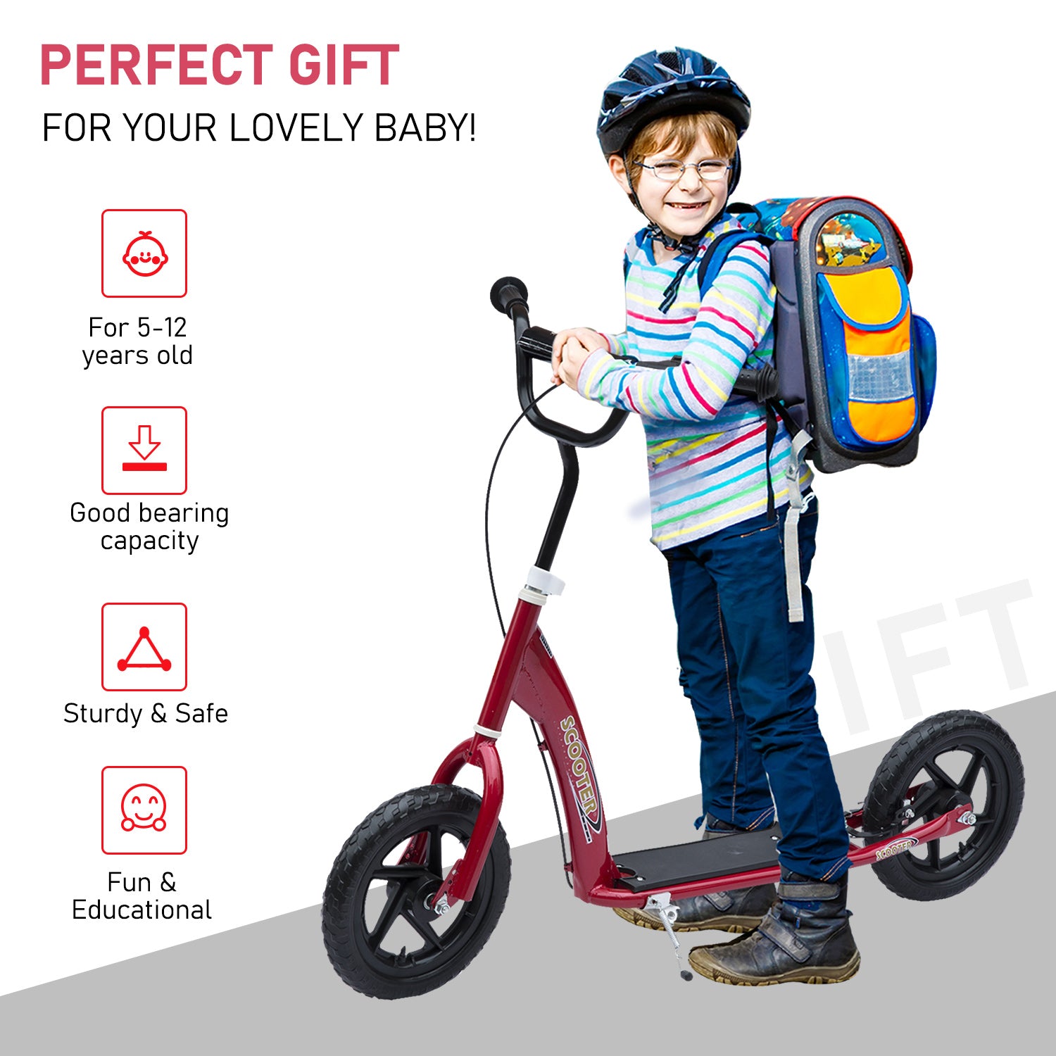 Kick Scooter for Kids 5-12 Years Old with Adjustable Height Handlebar, Non-slip Footplate, Big Wheels, Rear Brake, Red